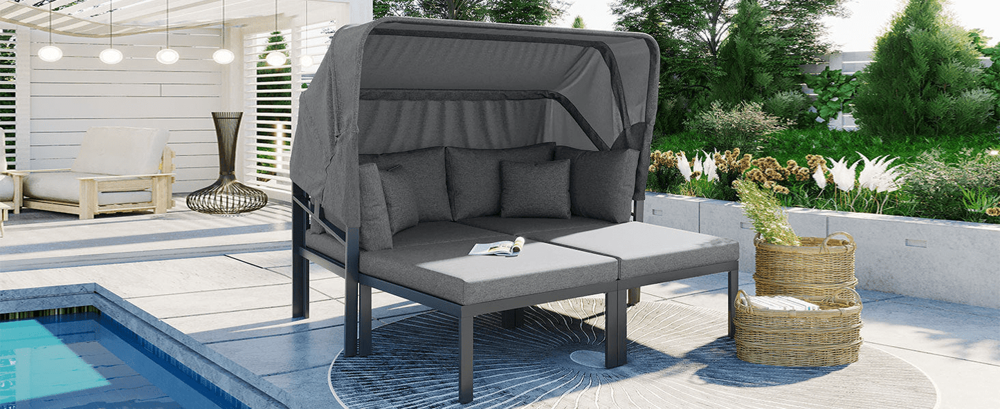 3 - Piece Patio Daybed with Retractable Canopy Outdoor Metal Sectional Sofa Set Sun Lounger with Cushions, Grey - CurtisJ Designs