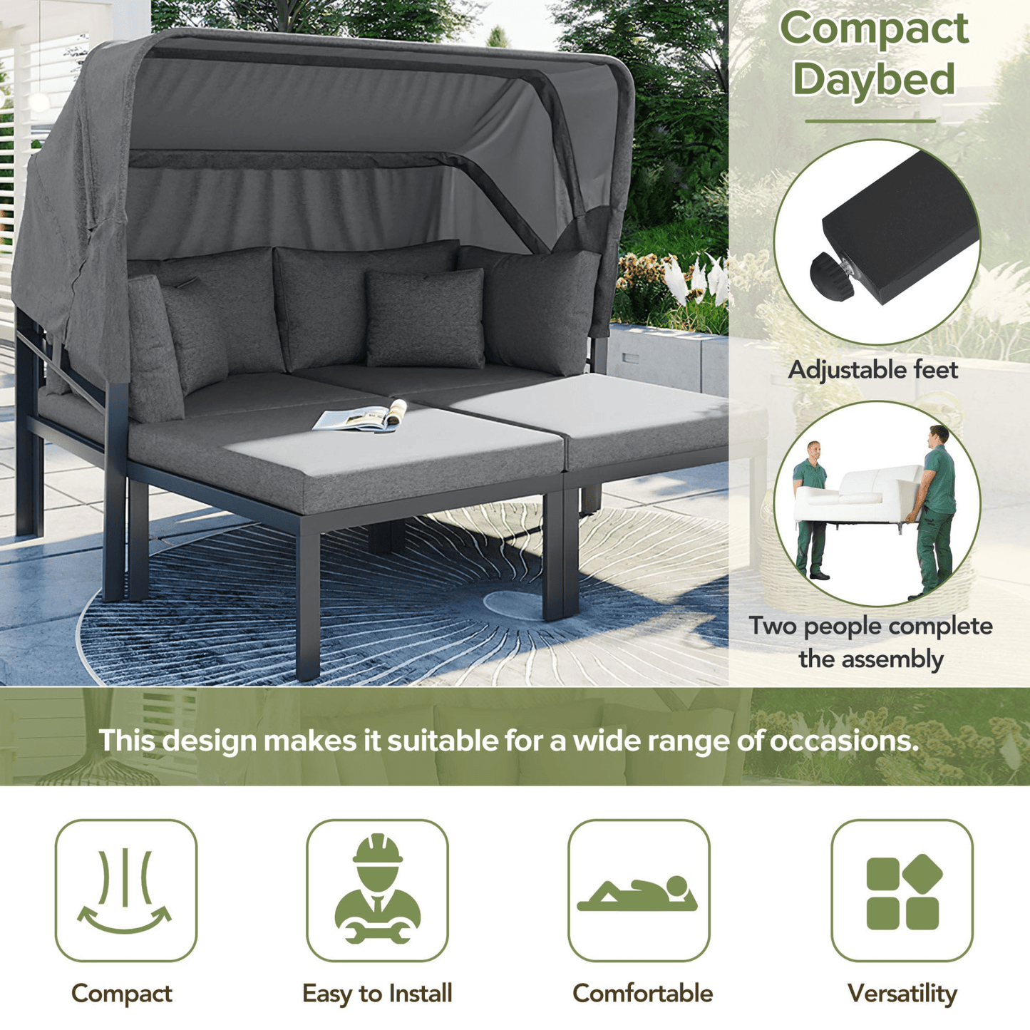 3 - Piece Patio Daybed with Retractable Canopy Outdoor Metal Sectional Sofa Set Sun Lounger with Cushions, Grey - CurtisJ Designs