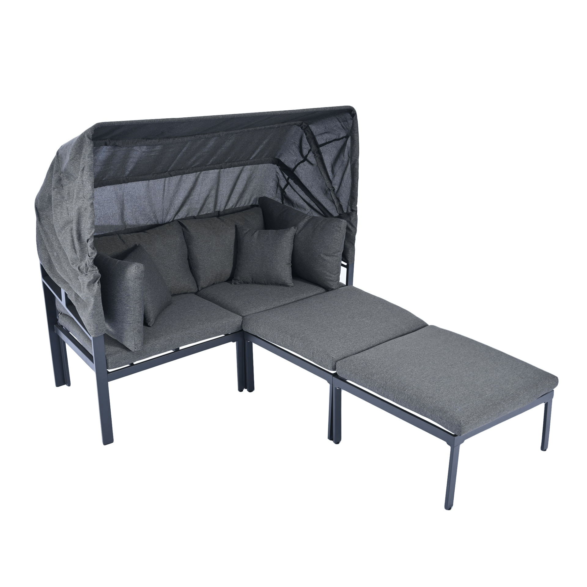 3 - Piece Patio Daybed with Retractable Canopy Outdoor Metal Sectional Sofa Set Sun Lounger with Cushions, Grey - CurtisJ Designs