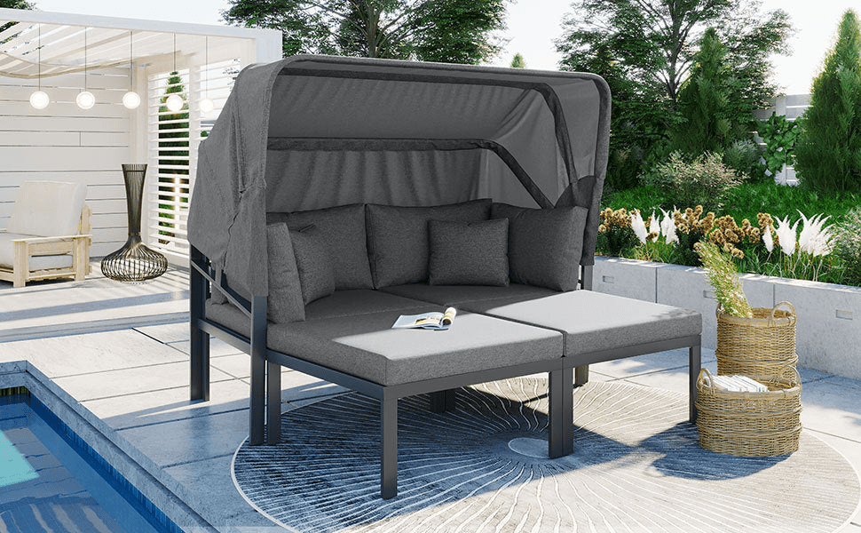 3 - Piece Patio Daybed with Retractable Canopy Outdoor Metal Sectional Sofa Set Sun Lounger with Cushions, Grey - CurtisJ Designs