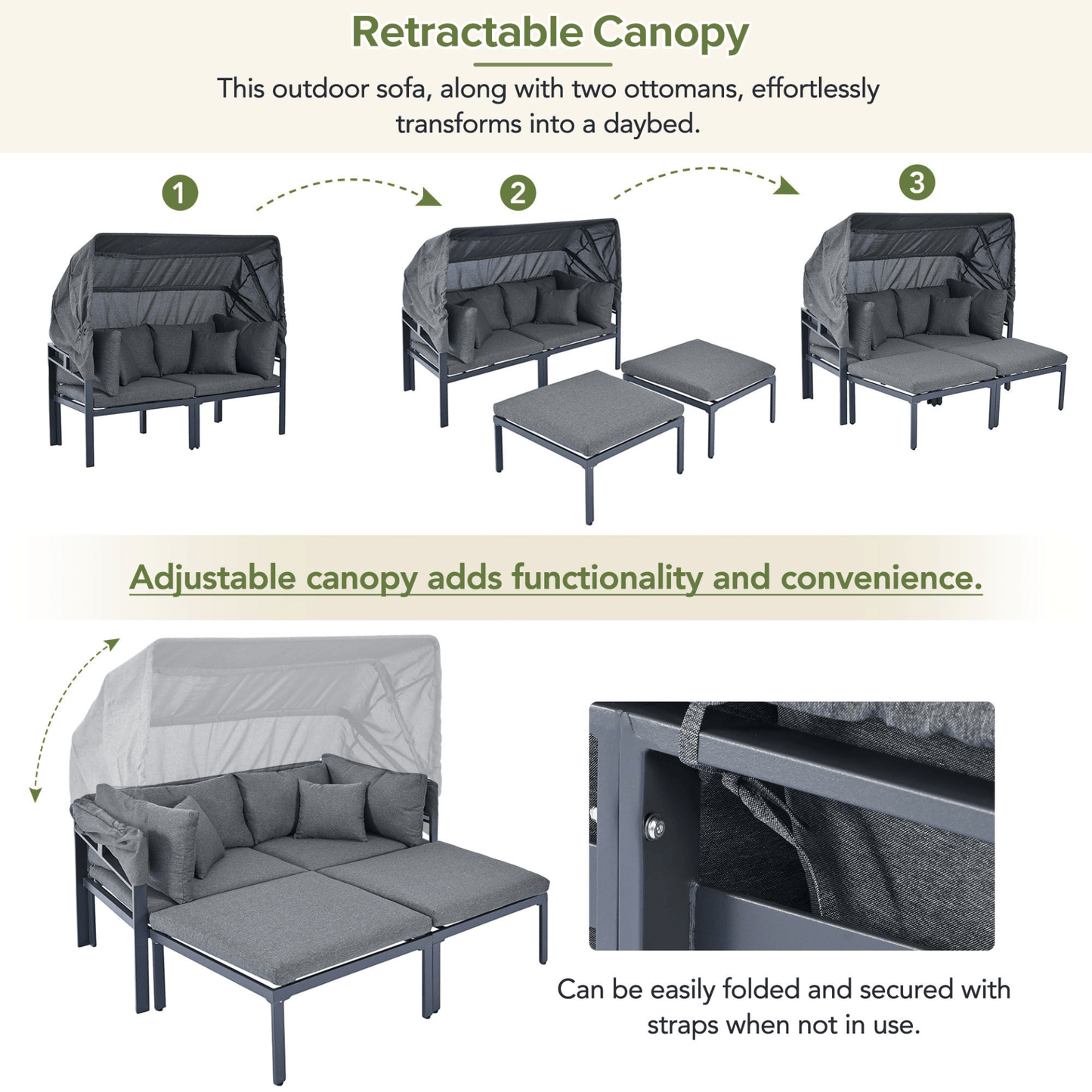 3 - Piece Patio Daybed with Retractable Canopy Outdoor Metal Sectional Sofa Set Sun Lounger with Cushions, Grey - CurtisJ Designs