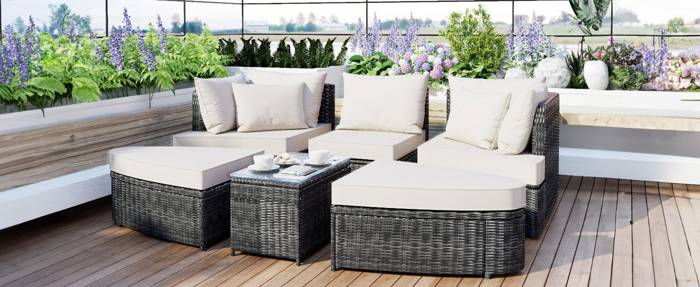 6-Piece Patio Outdoor Conversation Sofa Set - PE Wicker Rattan Seating Group with Coffee Table, Beige