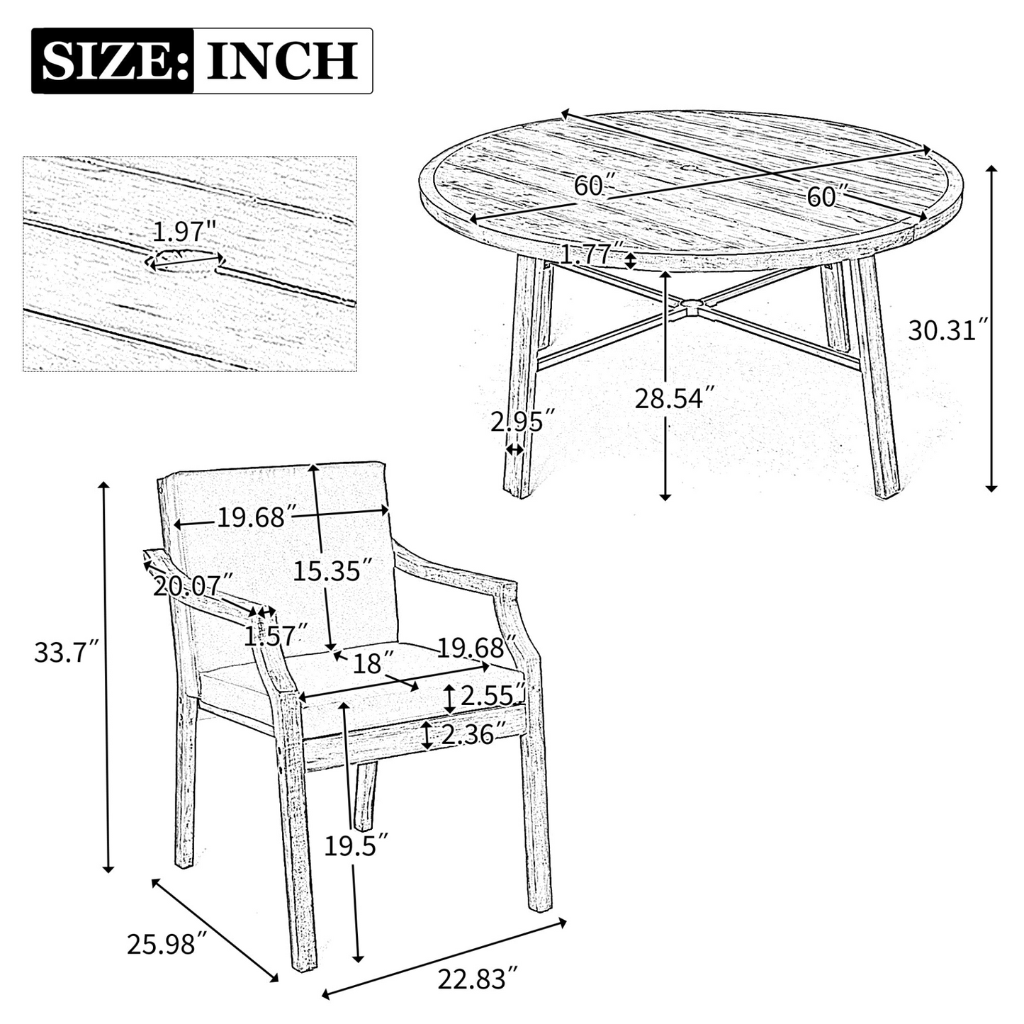 Antique Gray 6 - Person Outdoor Dining Set - Wooden Patio Table with Umbrella Hole and Cushions - CurtisJ Designs