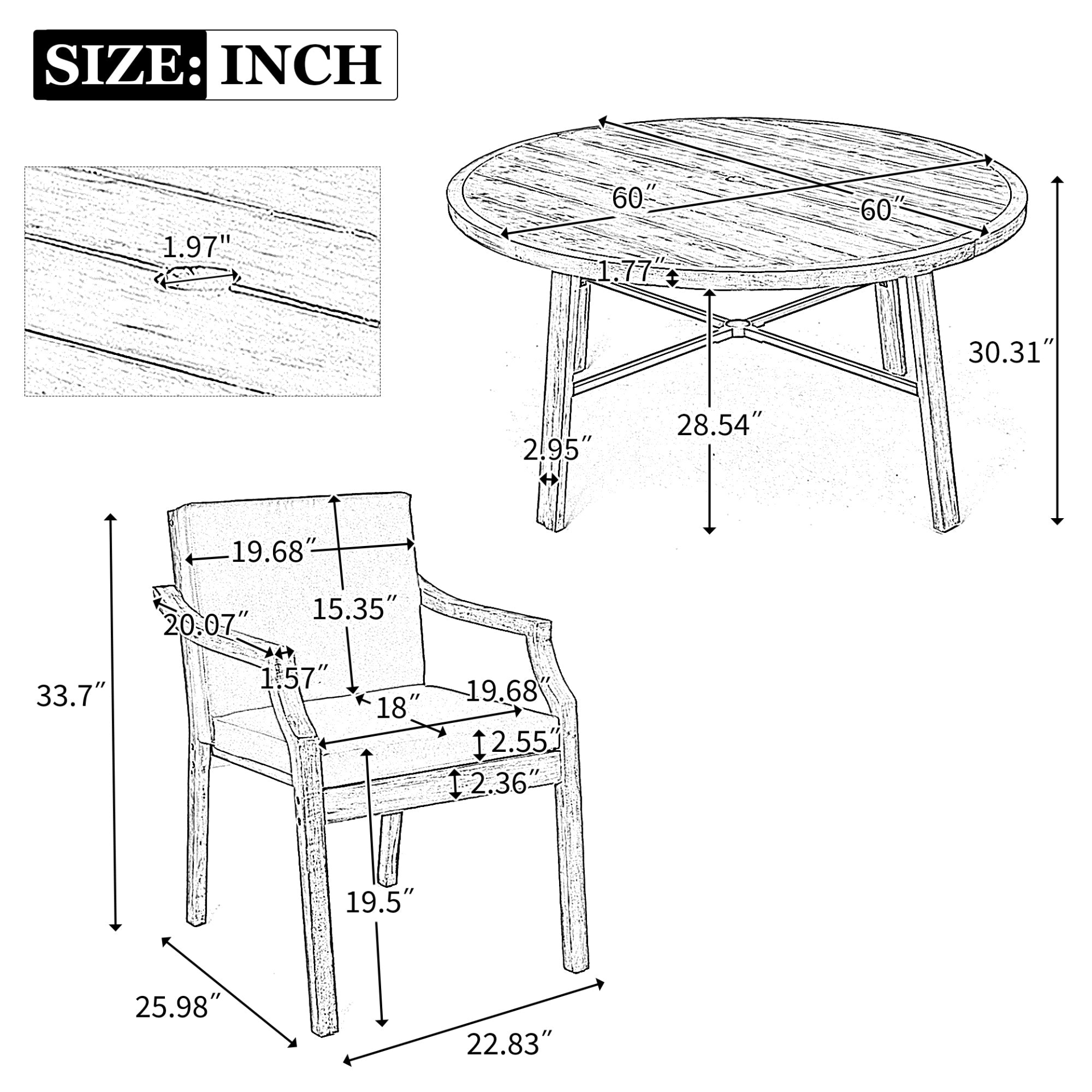 Antique Gray 6 - Person Outdoor Dining Set - Wooden Patio Table with Umbrella Hole and Cushions - CurtisJ Designs