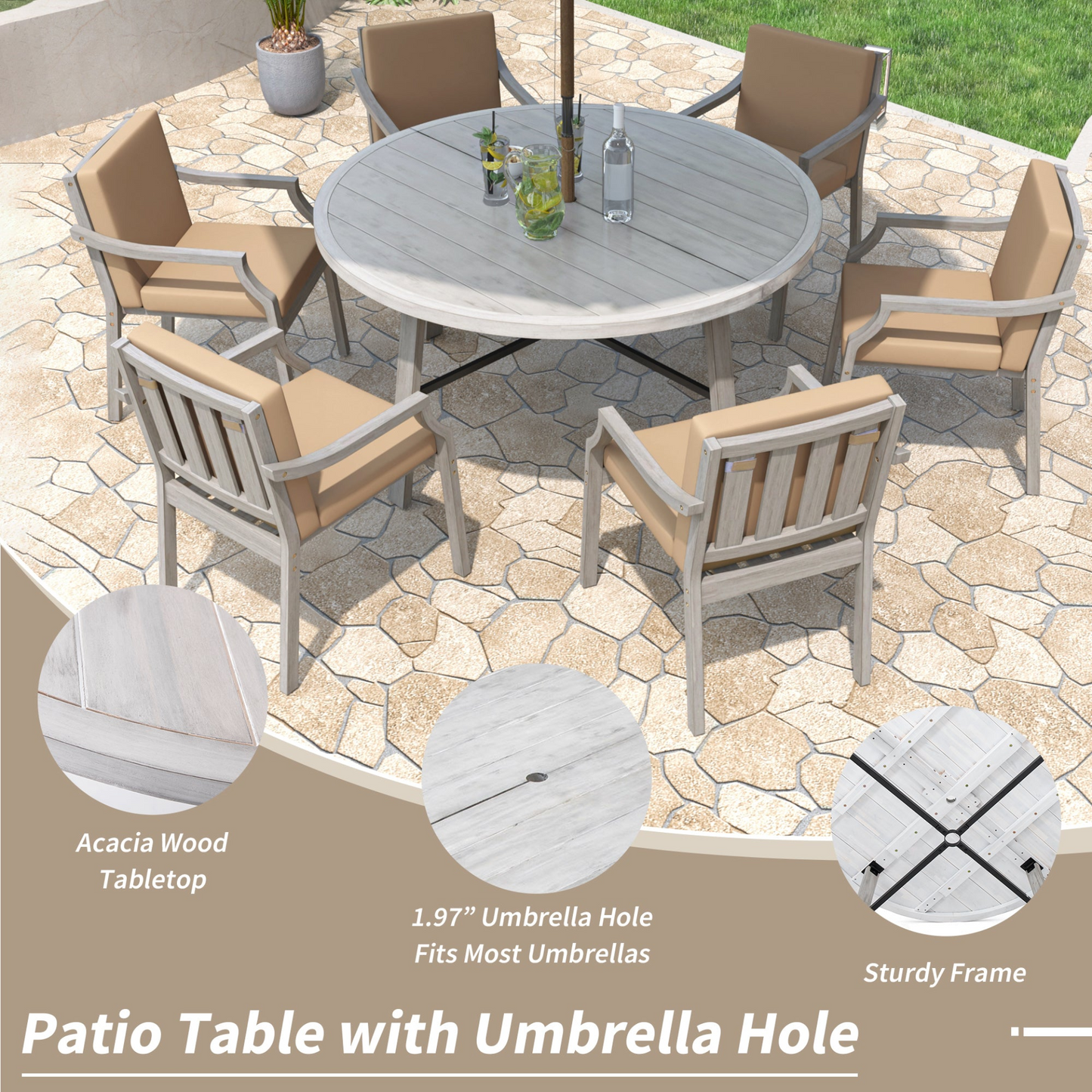 Antique Gray 6 - Person Outdoor Dining Set - Wooden Patio Table with Umbrella Hole and Cushions - CurtisJ Designs