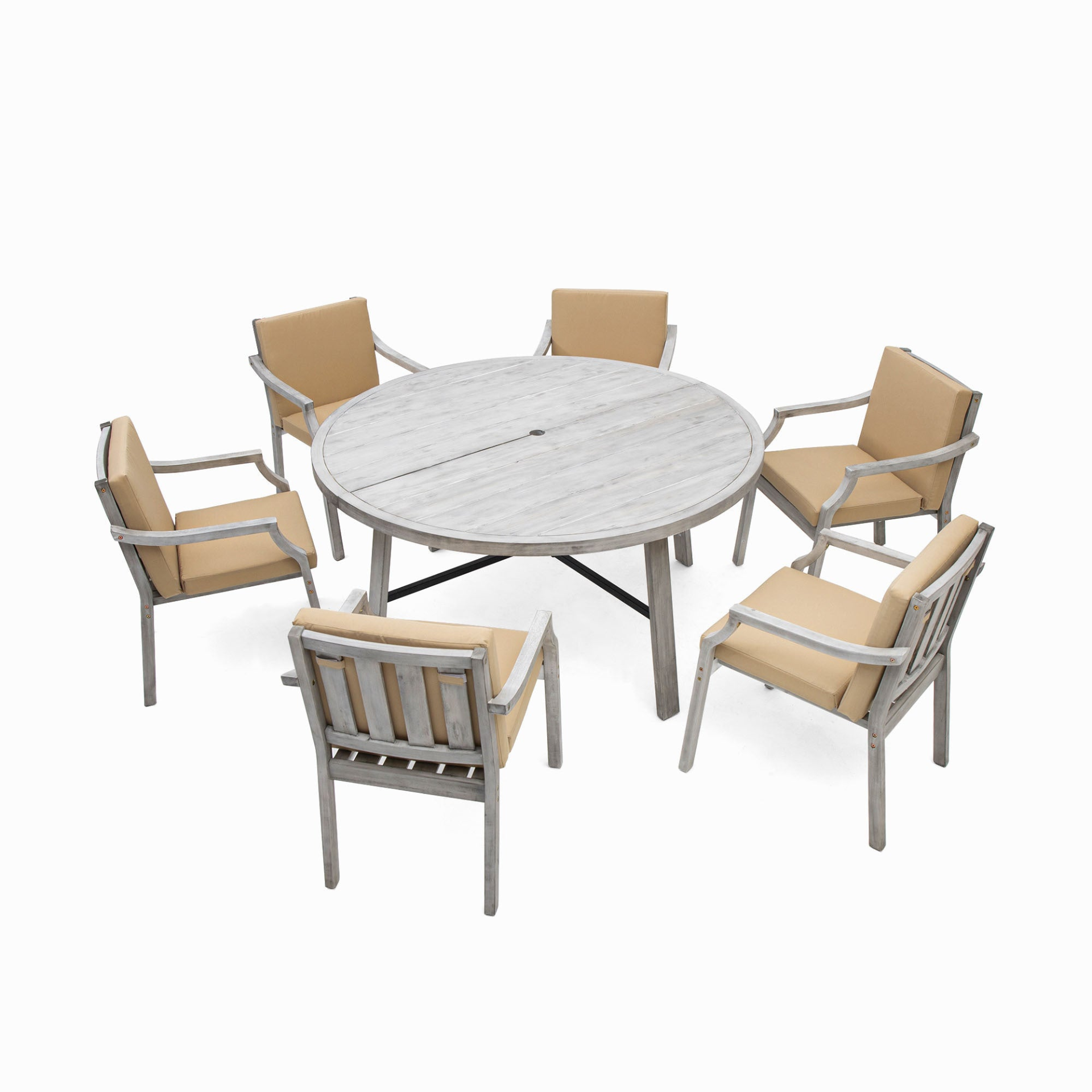 Antique Gray 6 - Person Outdoor Dining Set - Wooden Patio Table with Umbrella Hole and Cushions - CurtisJ Designs