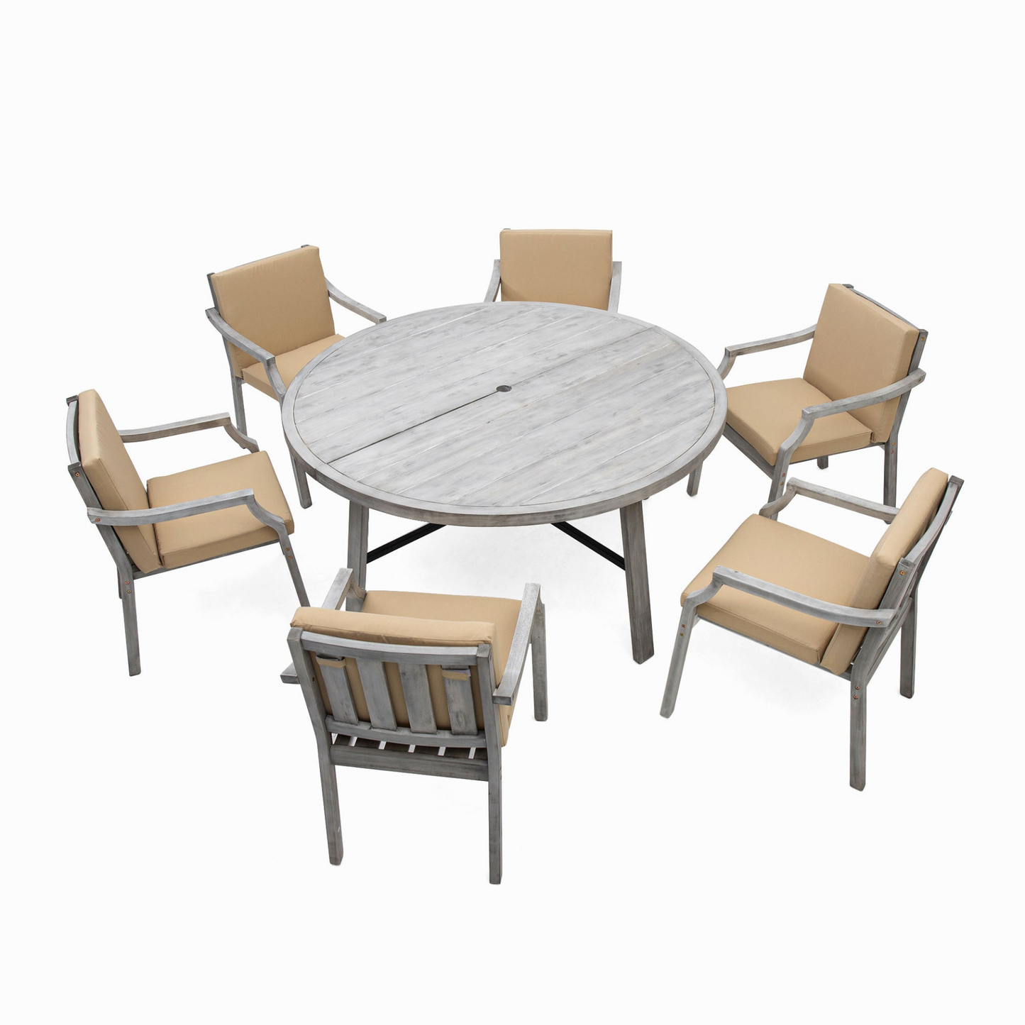 Antique Gray 6 - Person Outdoor Dining Set - Wooden Patio Table with Umbrella Hole and Cushions - CurtisJ Designs