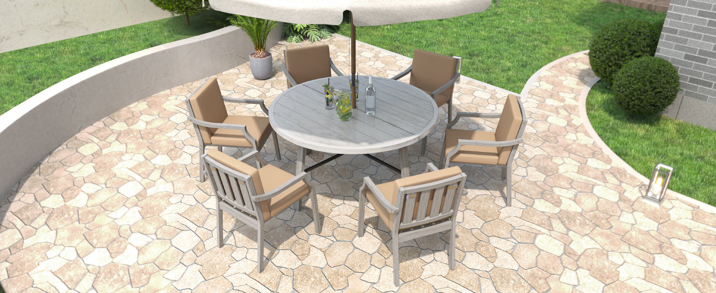 Antique Gray 6 - Person Outdoor Dining Set - Wooden Patio Table with Umbrella Hole and Cushions - CurtisJ Designs