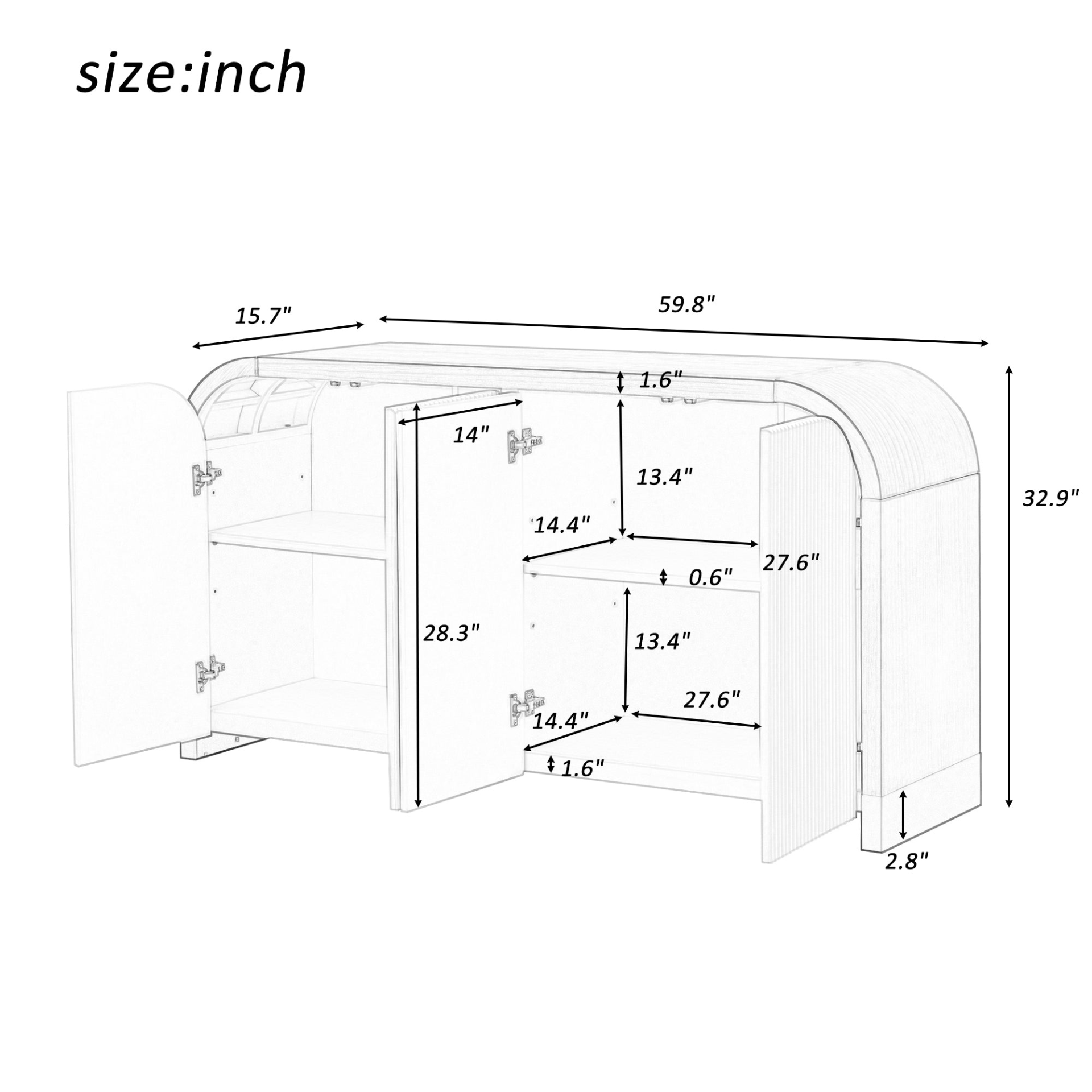 4 - Door Curved Corner Design Wave Pattern Cabinet with Adjustable Shelves - Ideal for Study, Living Room or Entrance - CurtisJ Designs