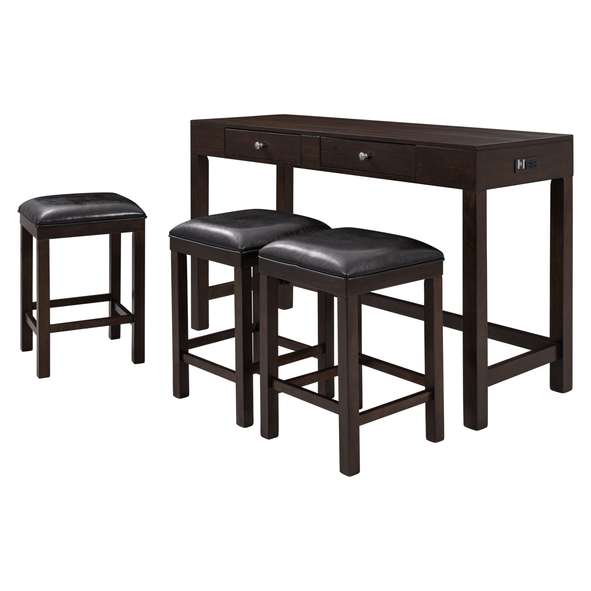 4 - Piece Counter Height Table Set with Socket and Leather Padded Stools, Espresso - CurtisJ Designs