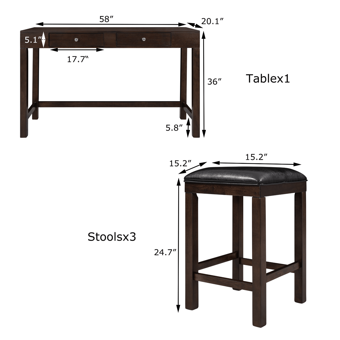 4 - Piece Counter Height Table Set with Socket and Leather Padded Stools, Espresso - CurtisJ Designs