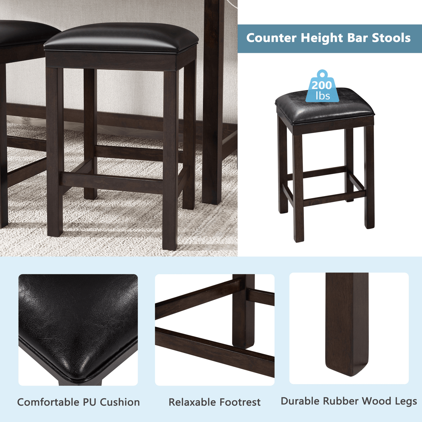 4 - Piece Counter Height Table Set with Socket and Leather Padded Stools, Espresso - CurtisJ Designs