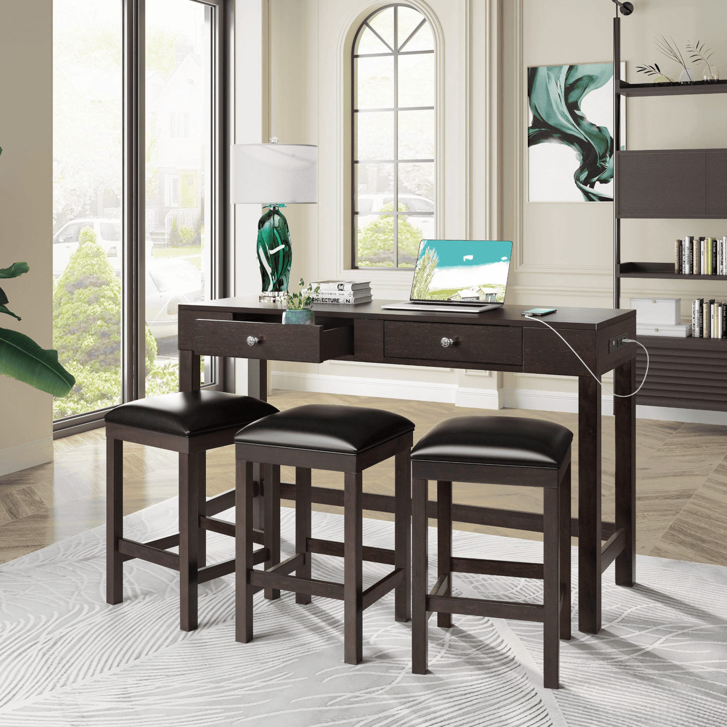 4 - Piece Counter Height Table Set with Socket and Leather Padded Stools, Espresso - CurtisJ Designs