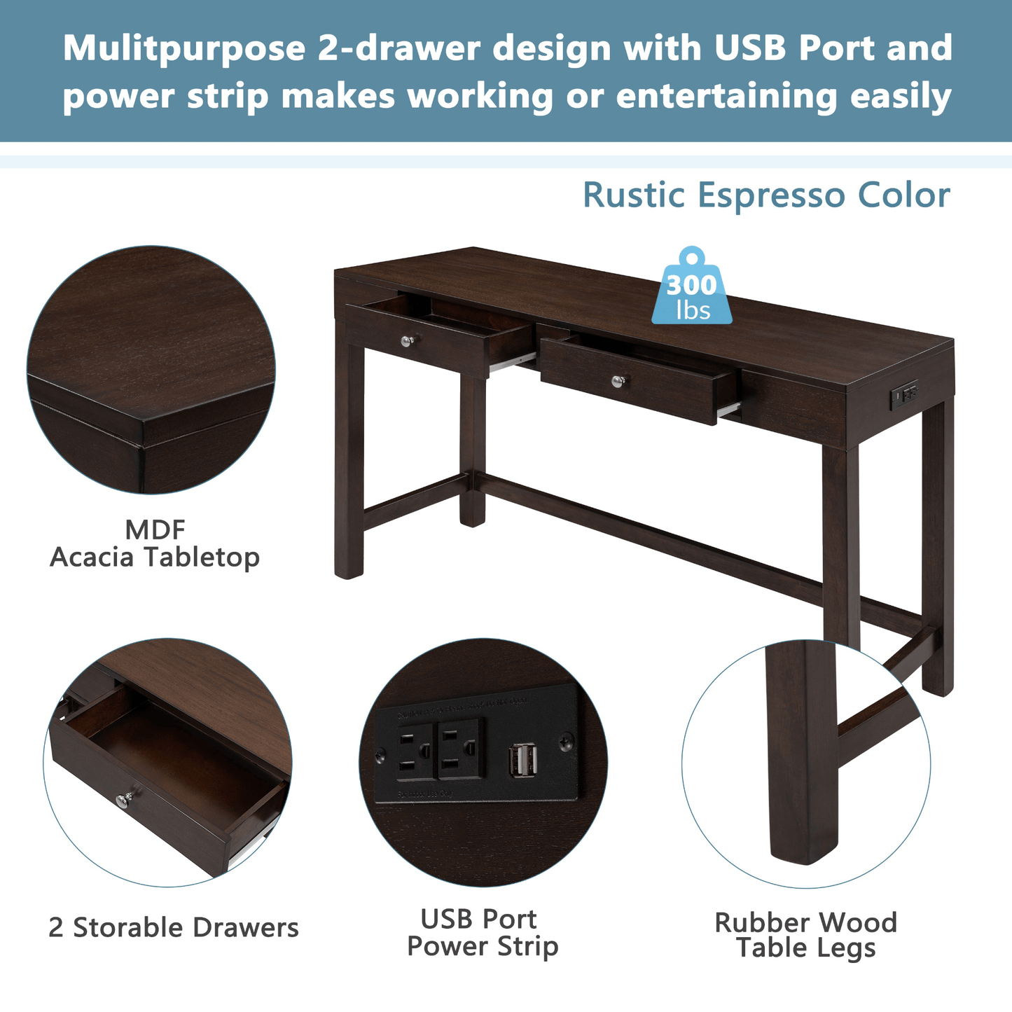 4 - Piece Counter Height Table Set with Socket and Leather Padded Stools, Espresso - CurtisJ Designs