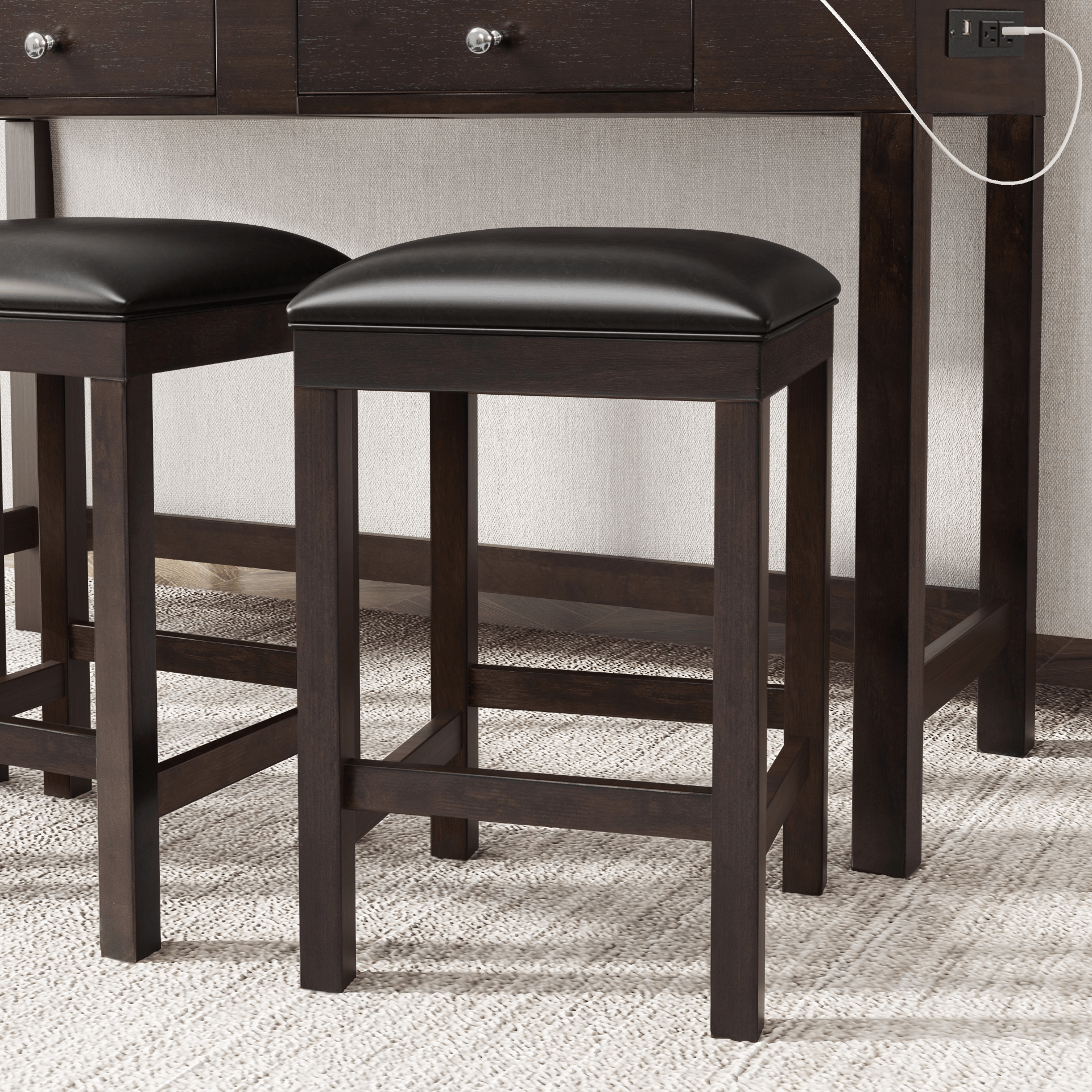 4 - Piece Counter Height Table Set with Socket and Leather Padded Stools, Espresso - CurtisJ Designs