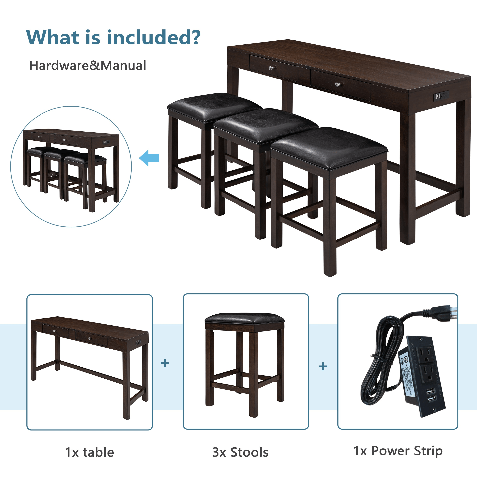 4 - Piece Counter Height Table Set with Socket and Leather Padded Stools, Espresso - CurtisJ Designs