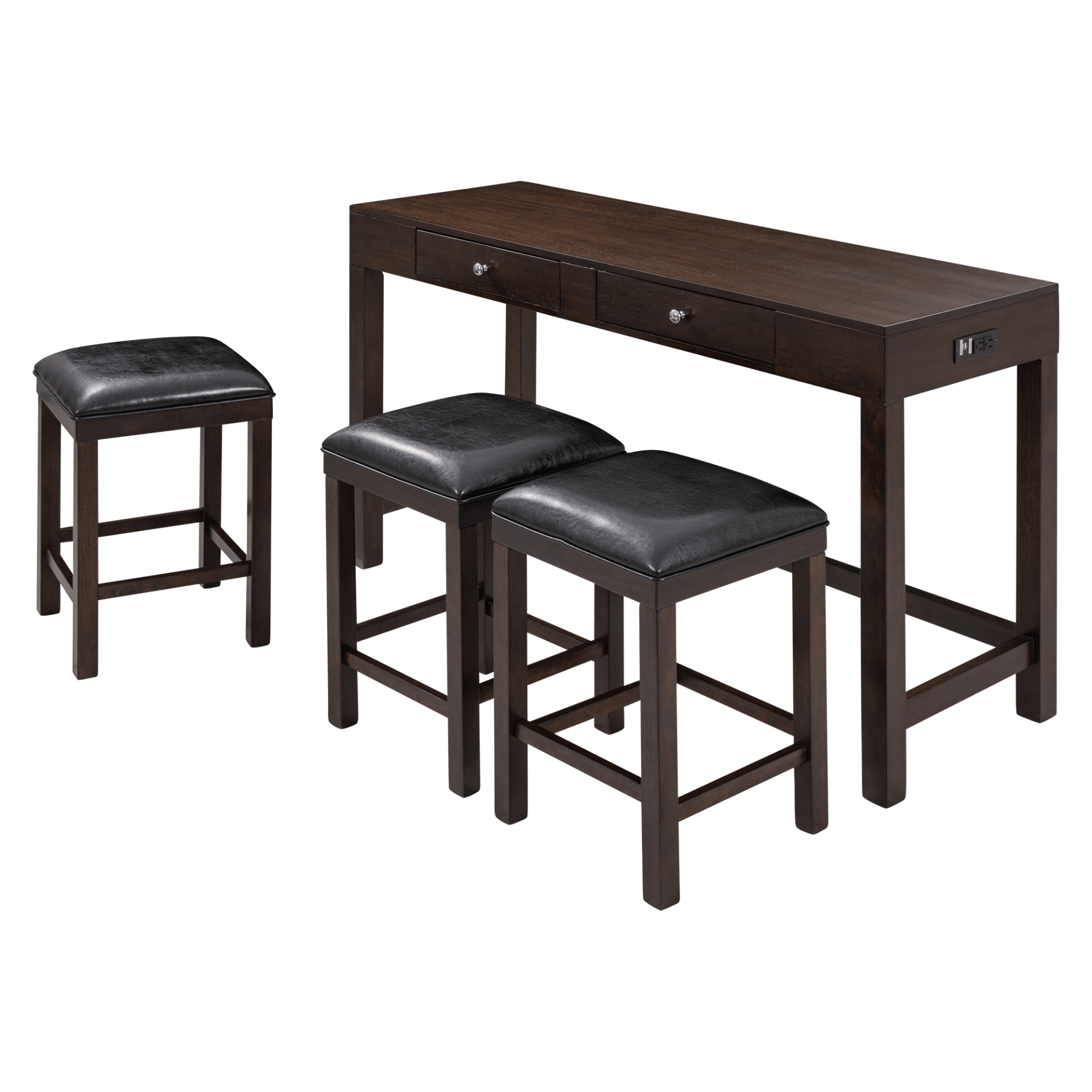 4 - Piece Counter Height Table Set with Socket and Leather Padded Stools, Espresso - CurtisJ Designs