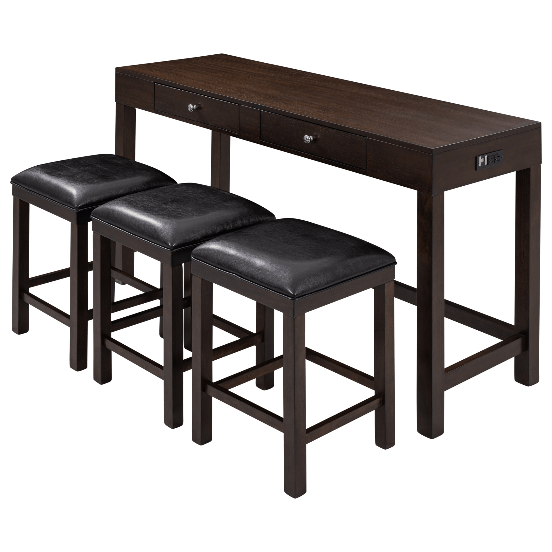 4 - Piece Counter Height Table Set with Socket and Leather Padded Stools, Espresso - CurtisJ Designs