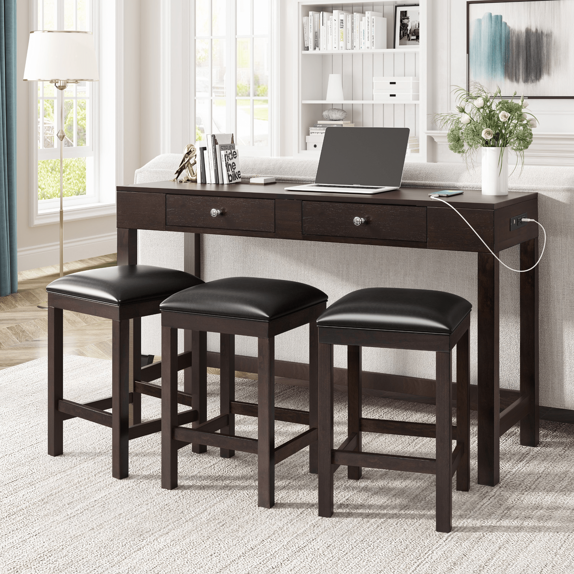 4 - Piece Counter Height Table Set with Socket and Leather Padded Stools, Espresso - CurtisJ Designs