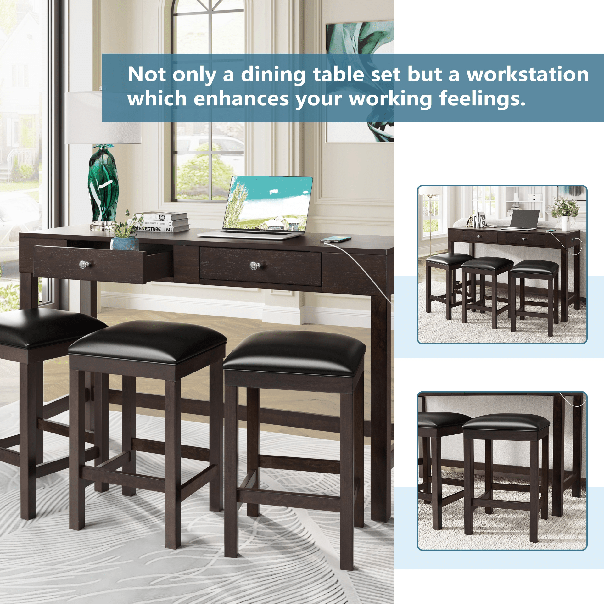 4 - Piece Counter Height Table Set with Socket and Leather Padded Stools, Espresso - CurtisJ Designs