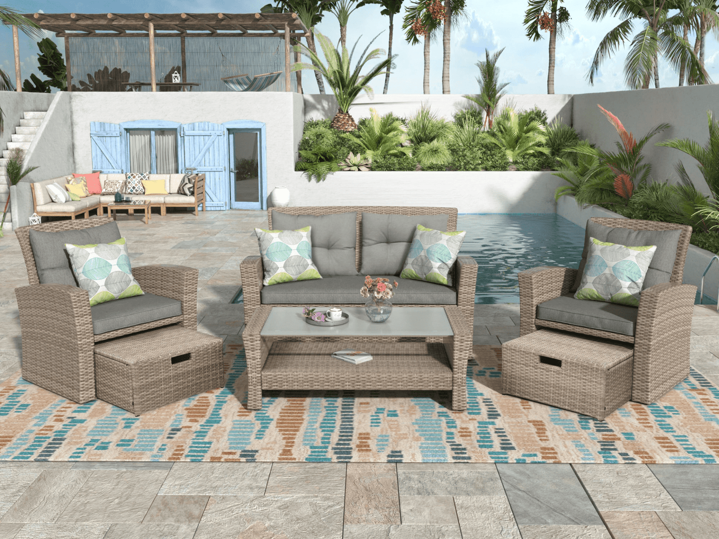 4 Piece Outdoor Patio Furniture Set - All Weather Wicker Sectional Sofa with Ottoman and Cushions - CurtisJ Designs