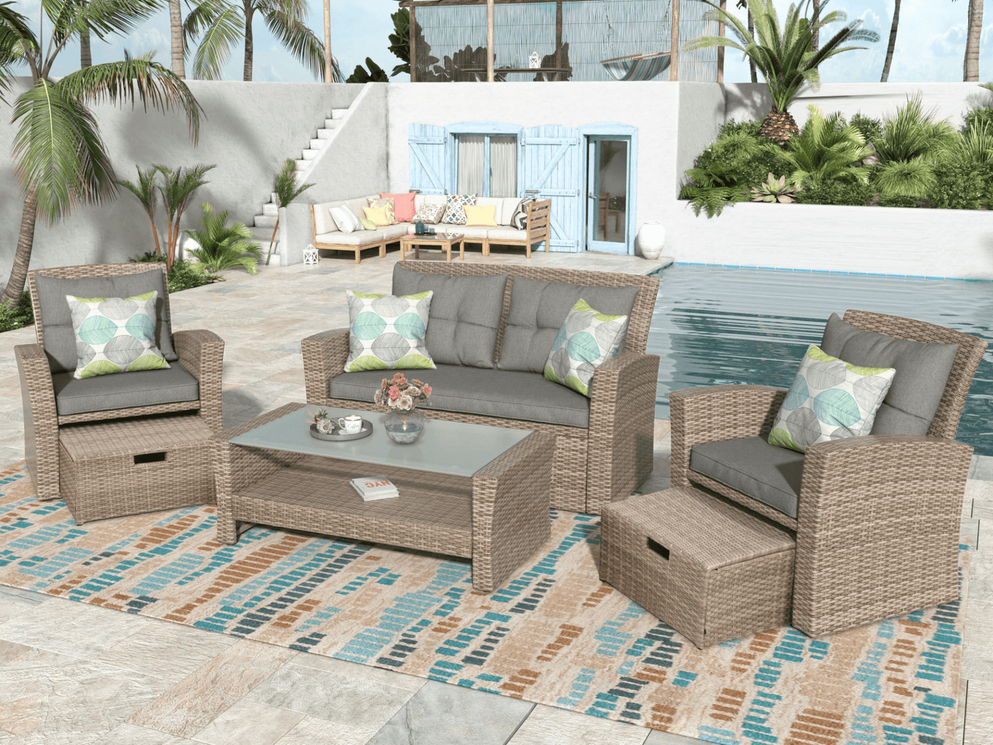 4 Piece Outdoor Patio Furniture Set - All Weather Wicker Sectional Sofa with Ottoman and Cushions - CurtisJ Designs