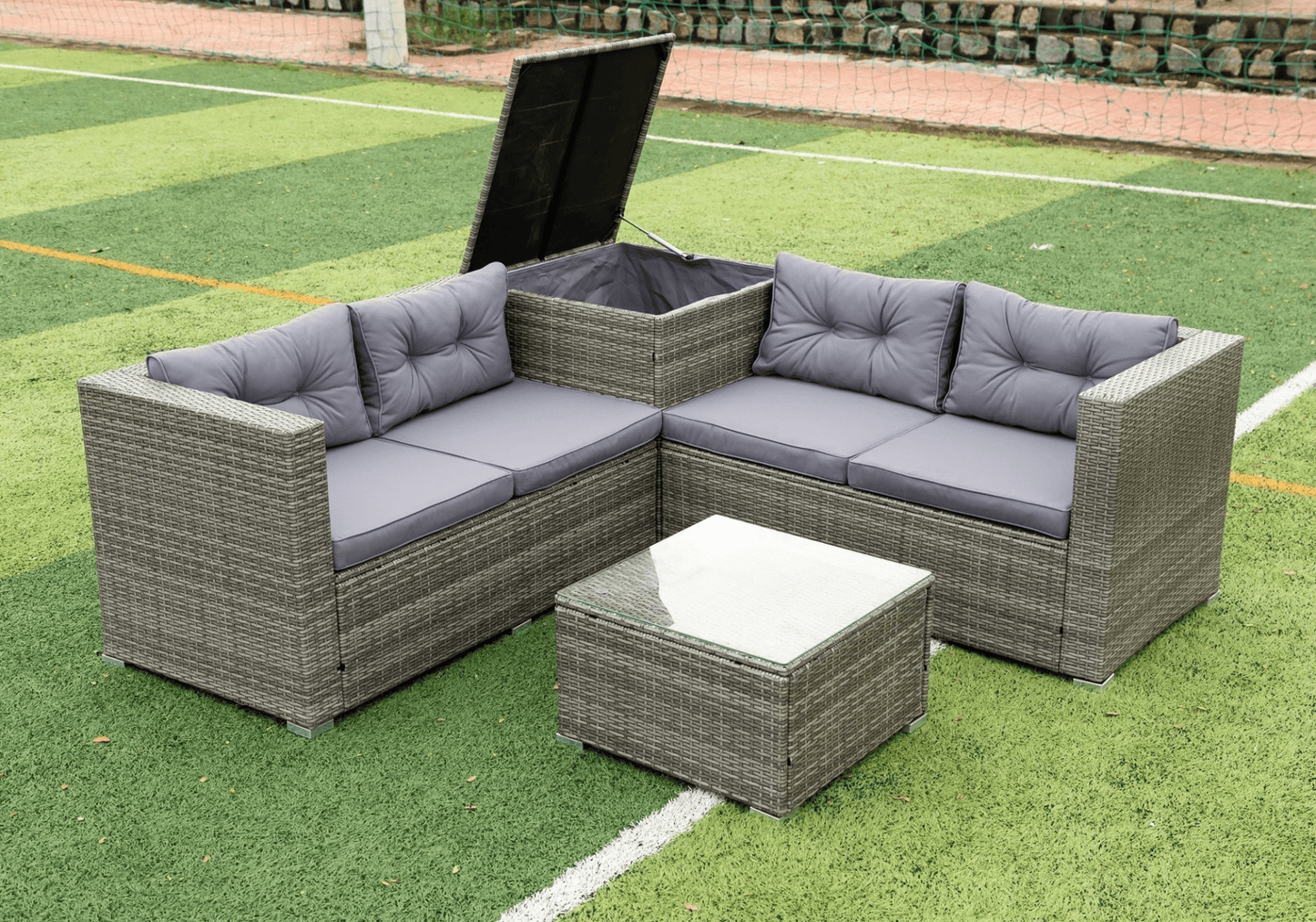 4 Piece Patio Sectional Wicker Rattan Outdoor Furniture Sofa Set with Storage Box - Grey | High - Quality, Comfortable, and Stylish - CurtisJ Designs