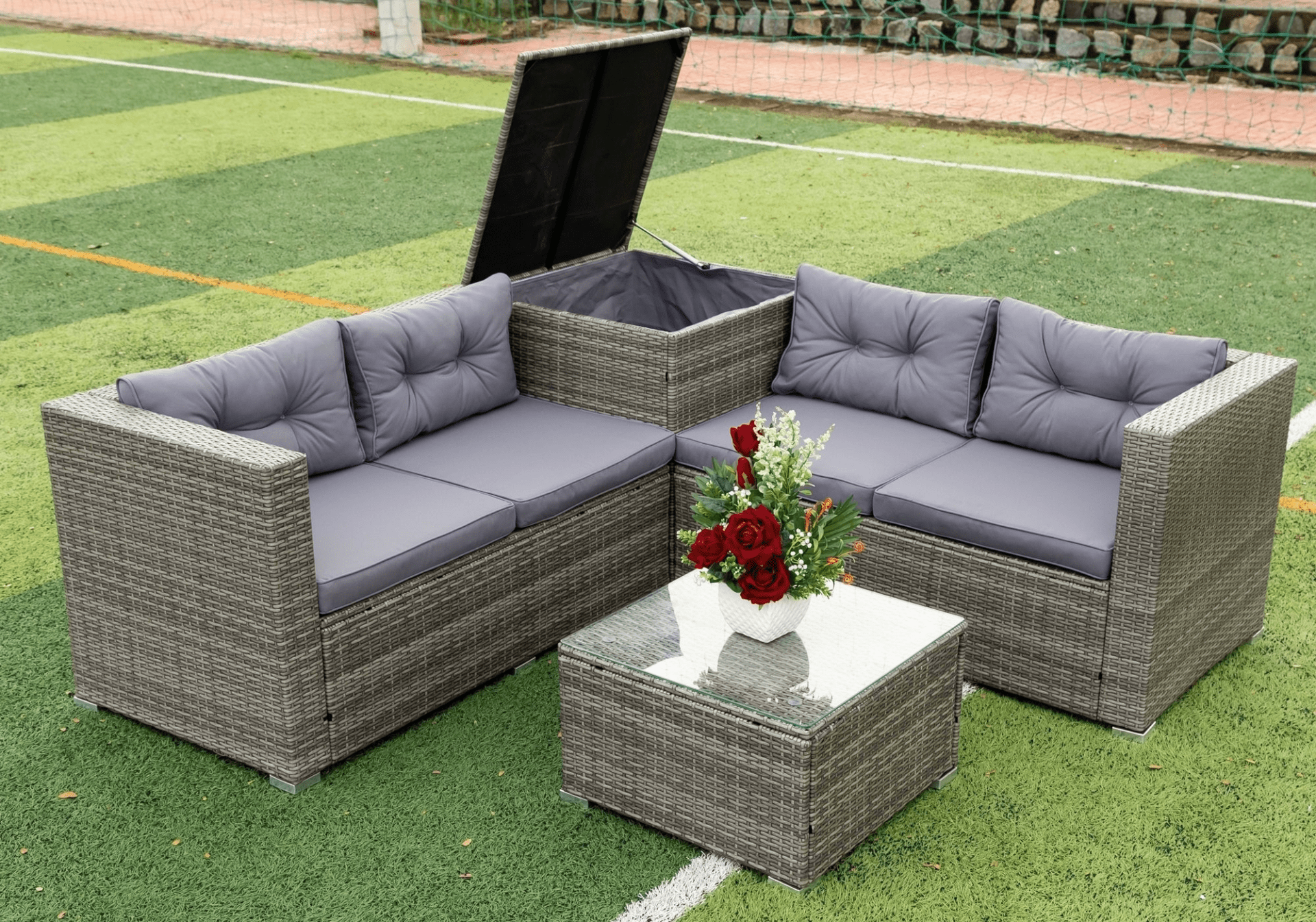 4 Piece Patio Sectional Wicker Rattan Outdoor Furniture Sofa Set with Storage Box - Grey | High - Quality, Comfortable, and Stylish - CurtisJ Designs