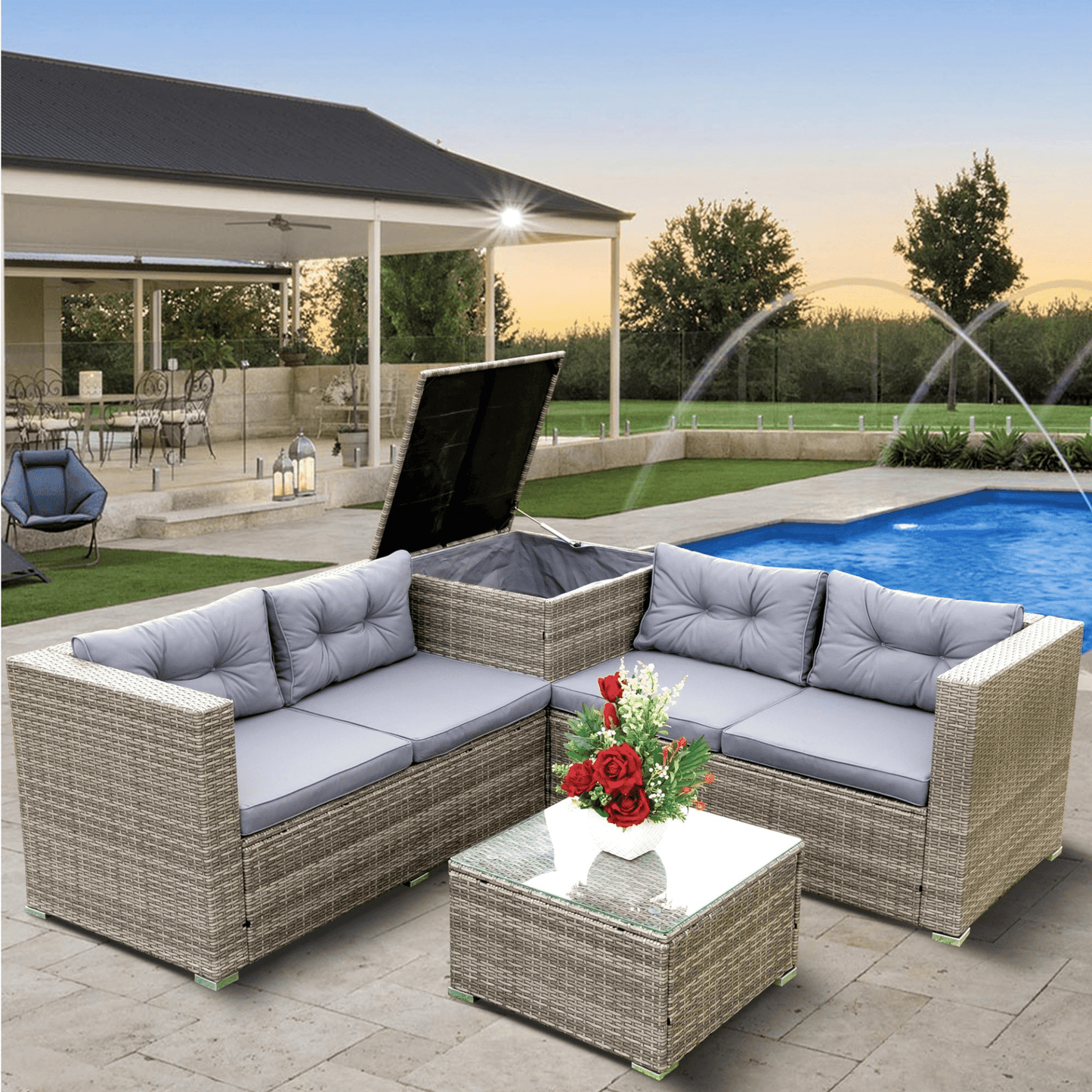 4 Piece Patio Sectional Wicker Rattan Outdoor Furniture Sofa Set with Storage Box - Grey | High - Quality, Comfortable, and Stylish - CurtisJ Designs