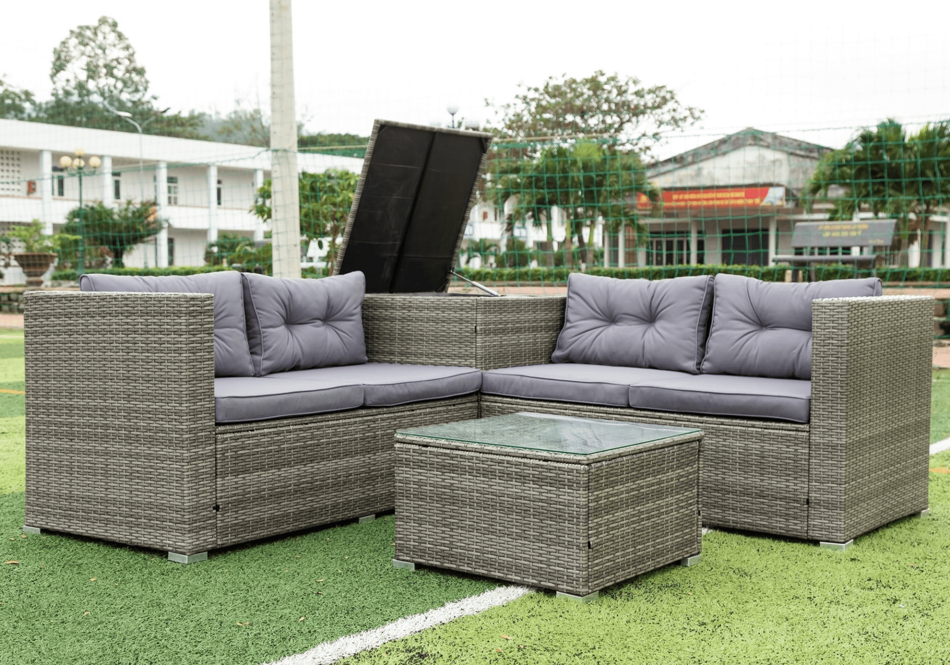 4 Piece Patio Sectional Wicker Rattan Outdoor Furniture Sofa Set with Storage Box - Grey | High - Quality, Comfortable, and Stylish - CurtisJ Designs