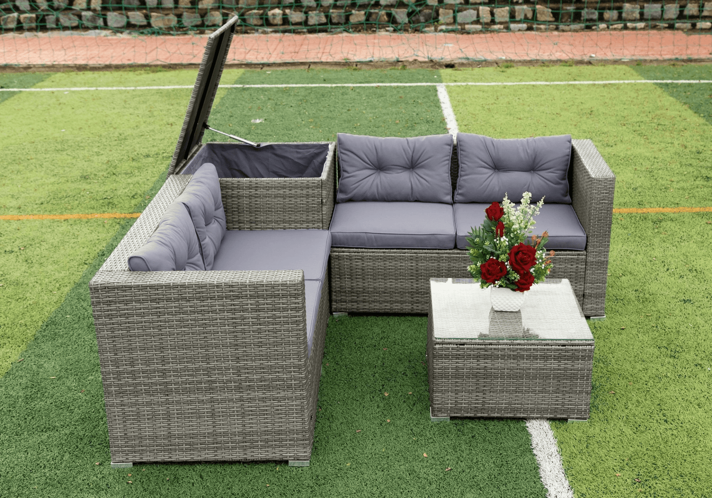 4 Piece Patio Sectional Wicker Rattan Outdoor Furniture Sofa Set with Storage Box - Grey | High - Quality, Comfortable, and Stylish - CurtisJ Designs