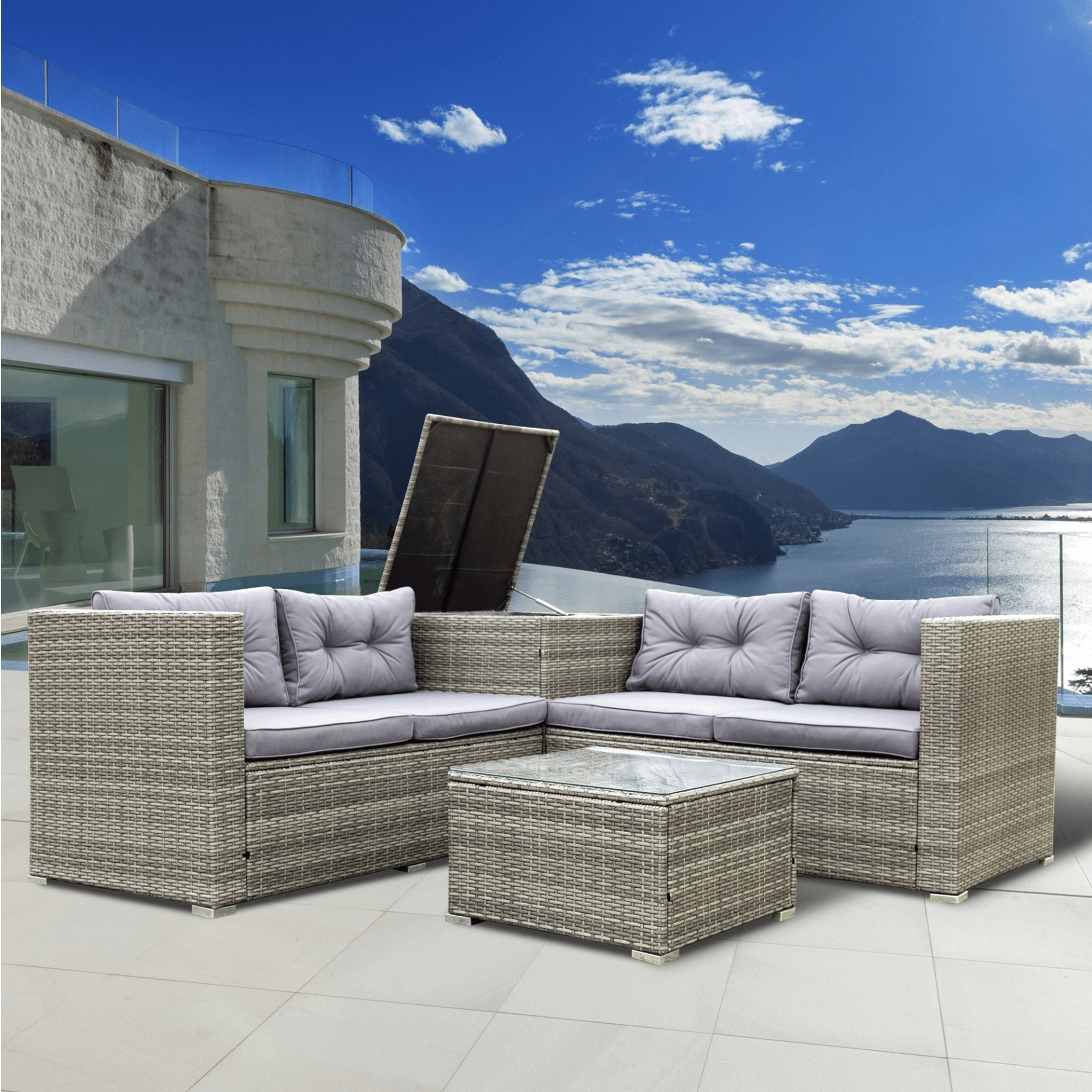 4 Piece Patio Sectional Wicker Rattan Outdoor Furniture Sofa Set with Storage Box - Grey | High - Quality, Comfortable, and Stylish - CurtisJ Designs