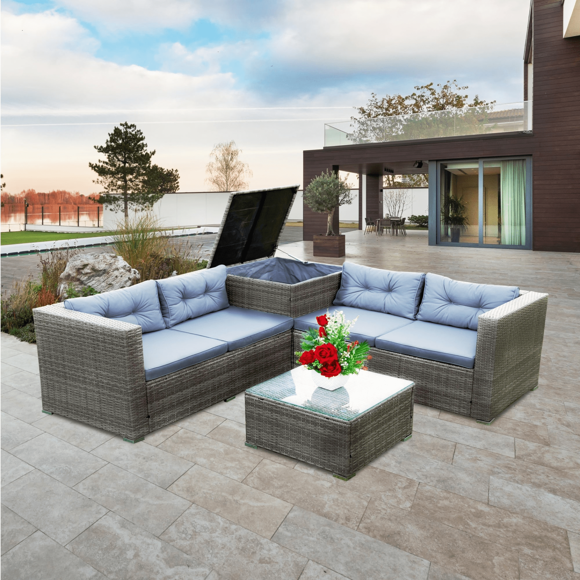 4 Piece Patio Sectional Wicker Rattan Outdoor Furniture Sofa Set with Storage Box - Grey | High - Quality, Comfortable, and Stylish - CurtisJ Designs