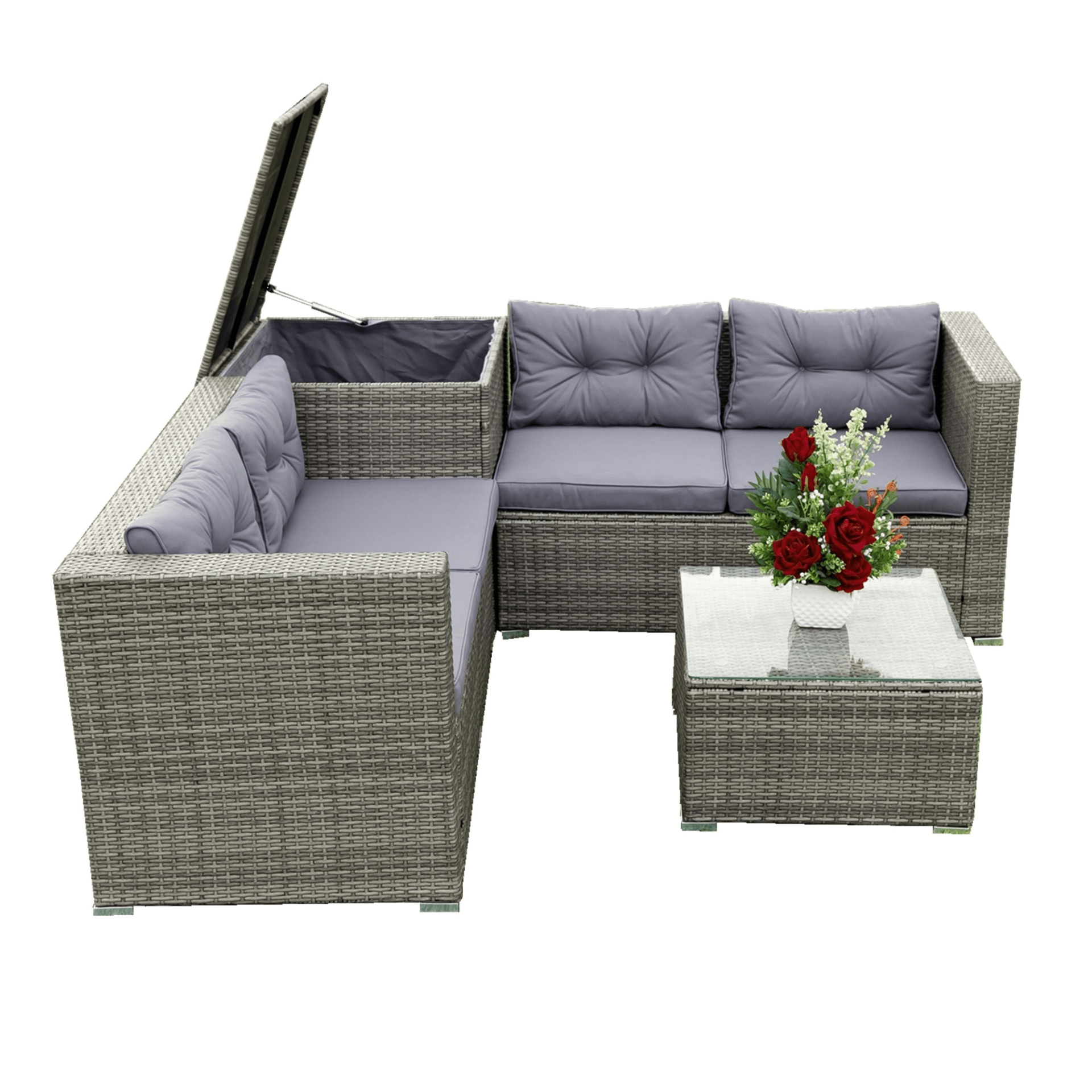 4 Piece Patio Sectional Wicker Rattan Outdoor Furniture Sofa Set with Storage Box - Grey | High - Quality, Comfortable, and Stylish - CurtisJ Designs