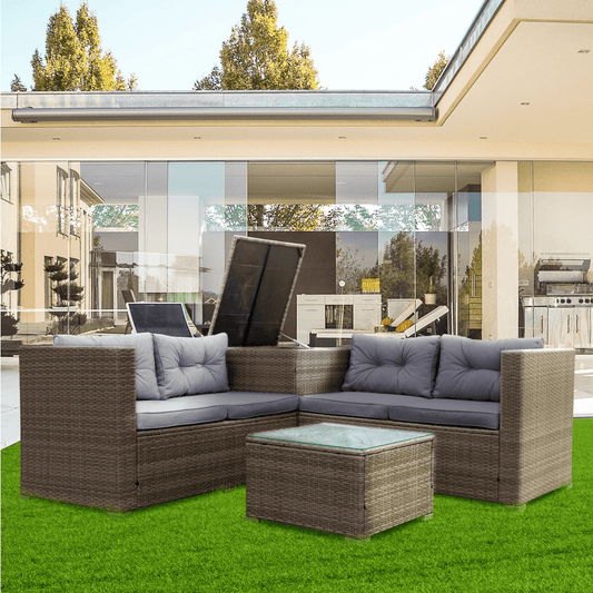 4 Piece Patio Sectional Wicker Rattan Outdoor Furniture Sofa Set with Storage Box - Grey | High - Quality, Comfortable, and Stylish - CurtisJ Designs