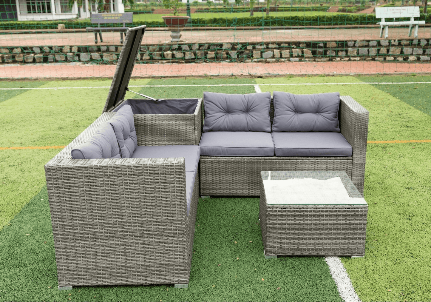 4 Piece Patio Sectional Wicker Rattan Outdoor Furniture Sofa Set with Storage Box - Grey | High - Quality, Comfortable, and Stylish - CurtisJ Designs