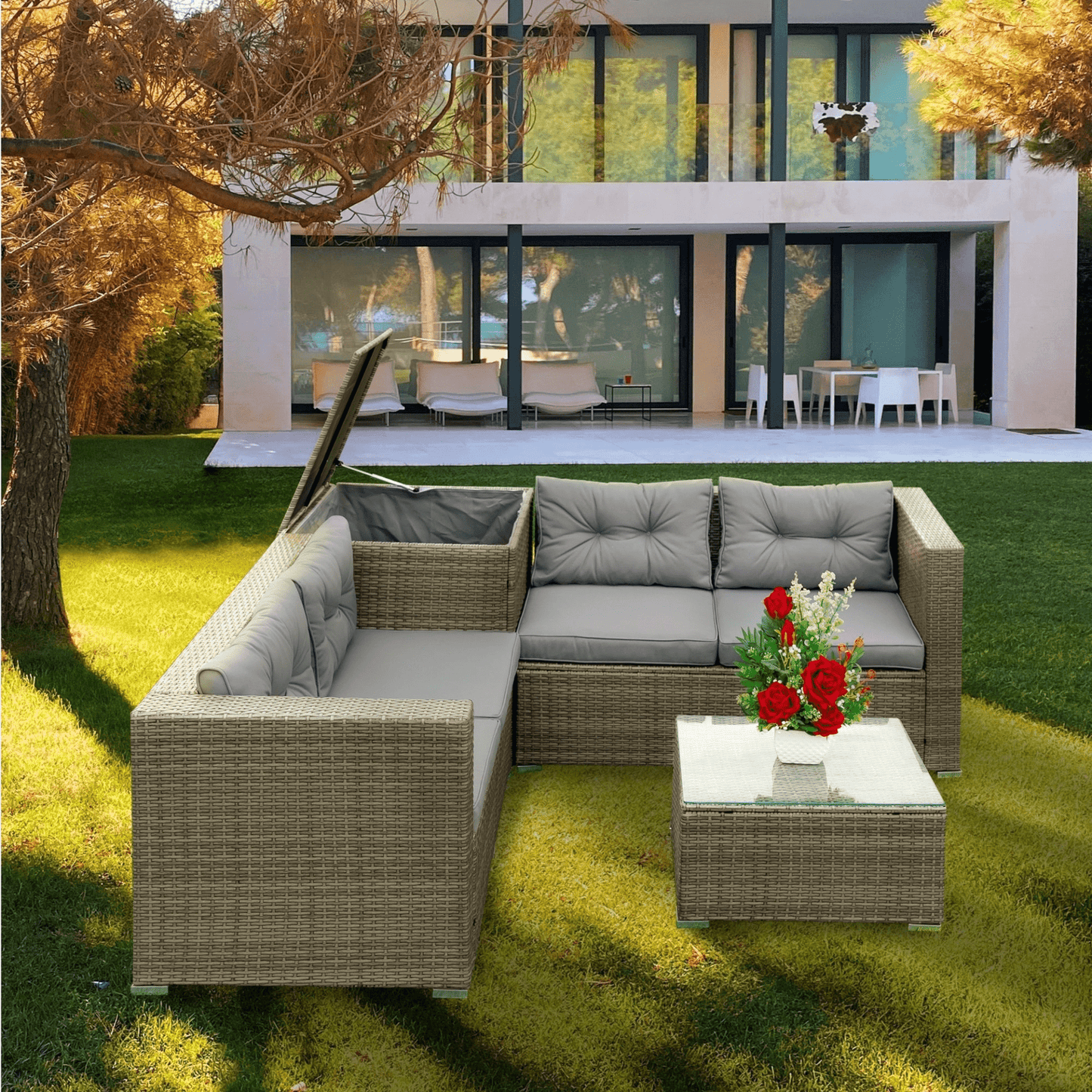 4 Piece Patio Sectional Wicker Rattan Outdoor Furniture Sofa Set with Storage Box - Grey | High - Quality, Comfortable, and Stylish - CurtisJ Designs