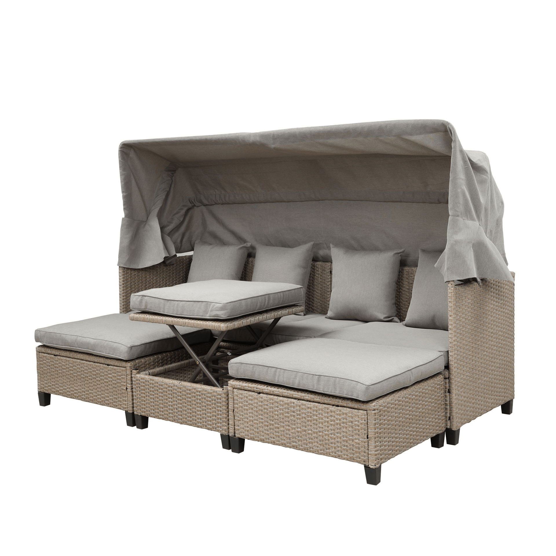 4 Piece UV - Proof Resin Wicker Patio Sofa Set with Retractable Canopy, Cushions and Lifting Table, Brown - Perfect Outdoor Furniture for Garden & Patio - CurtisJ Designs