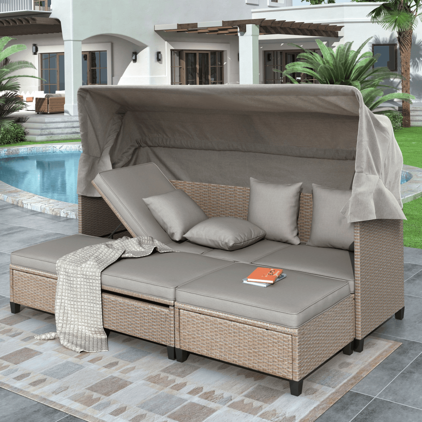 4 Piece UV - Proof Resin Wicker Patio Sofa Set with Retractable Canopy, Cushions and Lifting Table, Brown - Perfect Outdoor Furniture for Garden & Patio - CurtisJ Designs