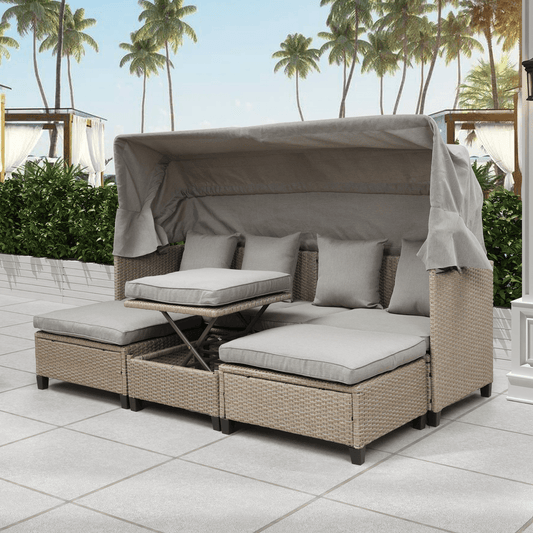 4 Piece UV - Proof Resin Wicker Patio Sofa Set with Retractable Canopy, Cushions and Lifting Table, Brown - Perfect Outdoor Furniture for Garden & Patio - CurtisJ Designs