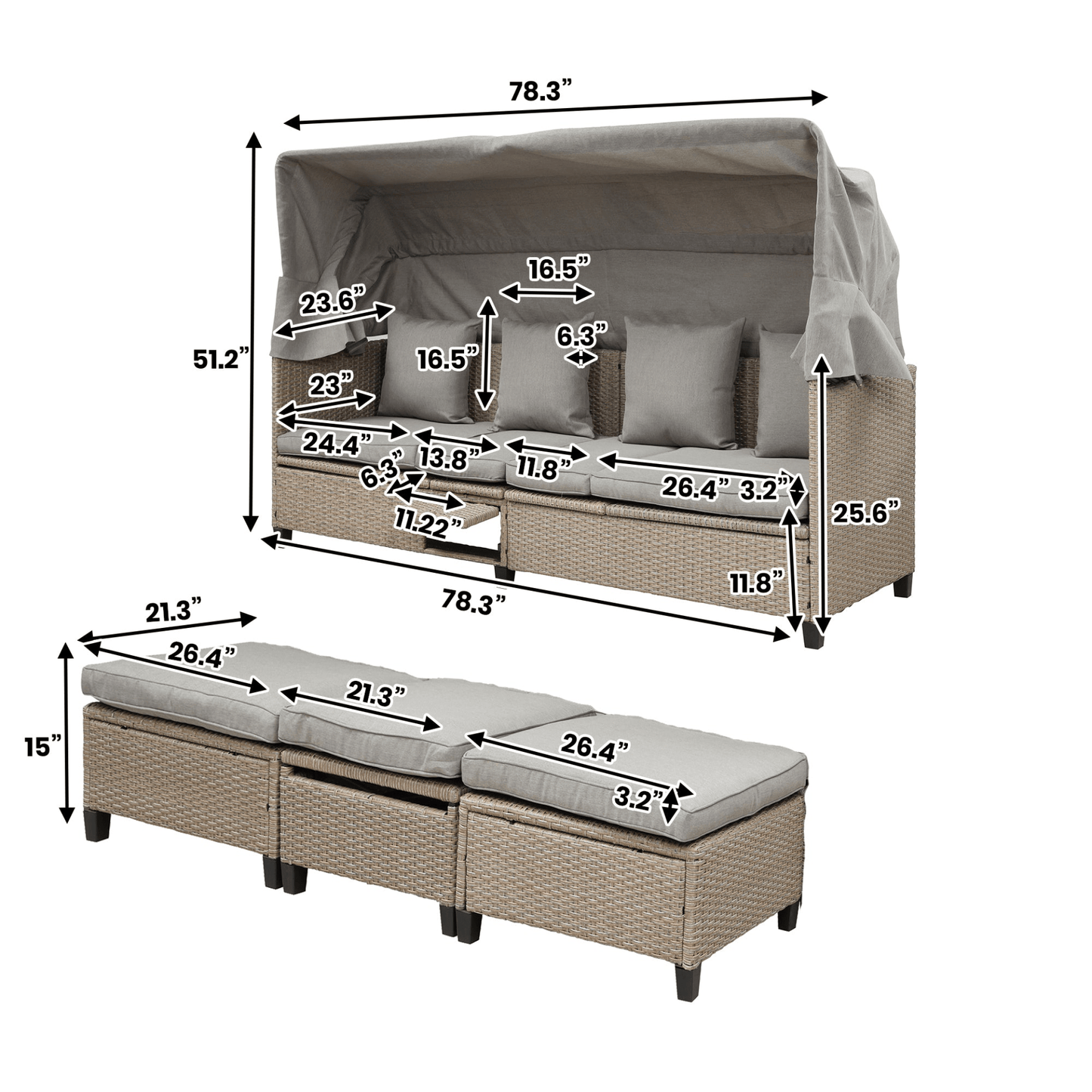 4 Piece UV - Proof Resin Wicker Patio Sofa Set with Retractable Canopy, Cushions and Lifting Table, Brown - Perfect Outdoor Furniture for Garden & Patio - CurtisJ Designs