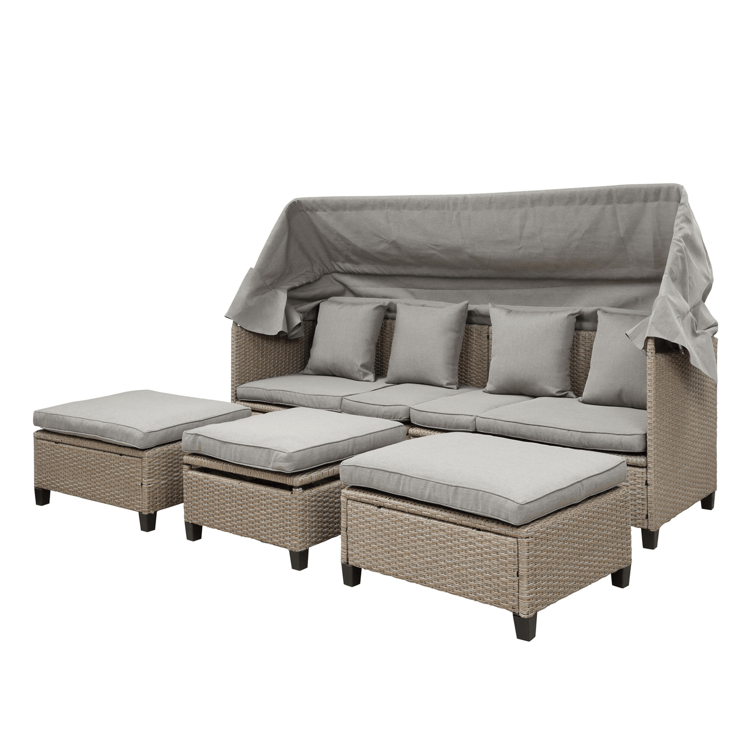 4 Piece UV - Proof Resin Wicker Patio Sofa Set with Retractable Canopy, Cushions and Lifting Table, Brown - Perfect Outdoor Furniture for Garden & Patio - CurtisJ Designs