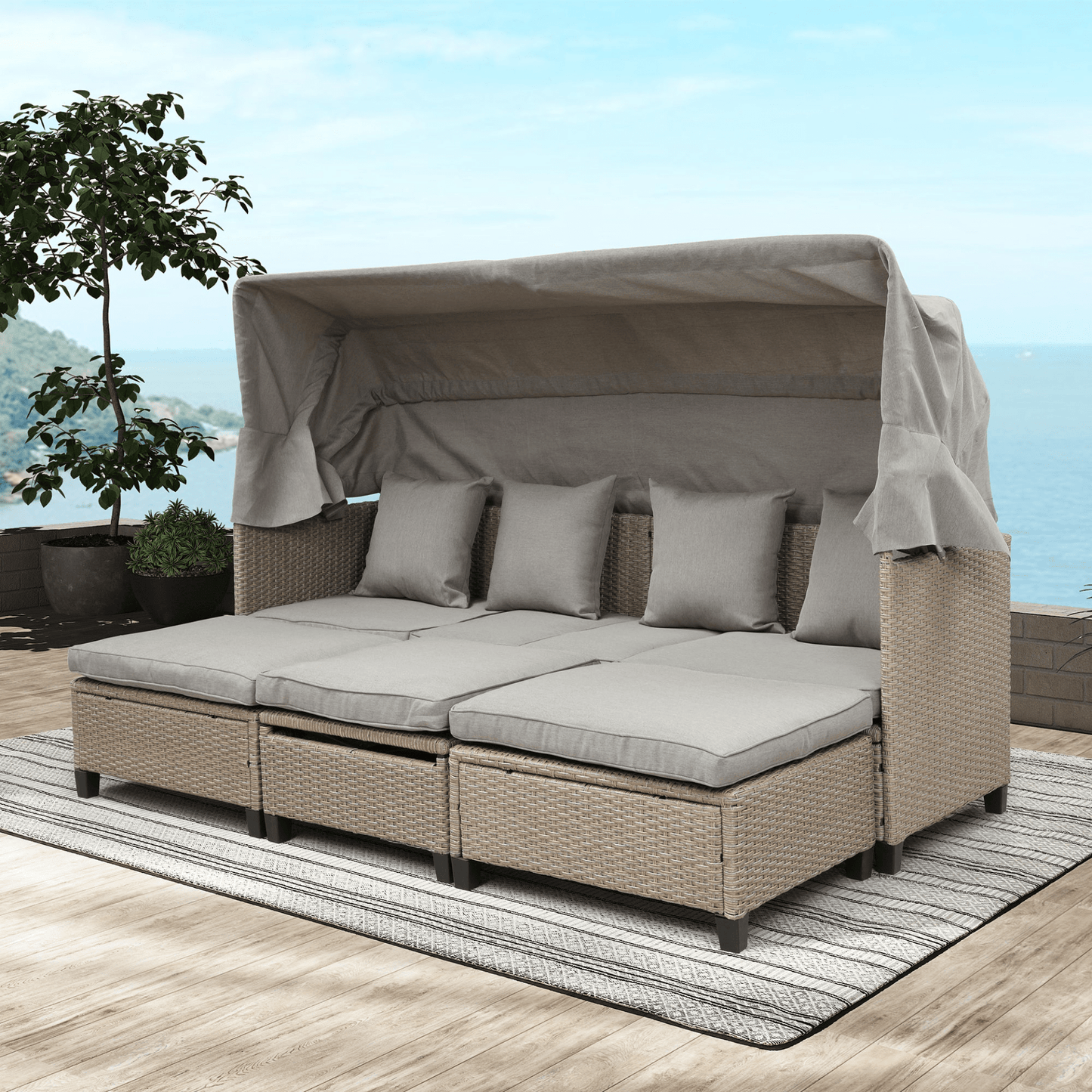 4 Piece UV - Proof Resin Wicker Patio Sofa Set with Retractable Canopy, Cushions and Lifting Table, Brown - Perfect Outdoor Furniture for Garden & Patio - CurtisJ Designs