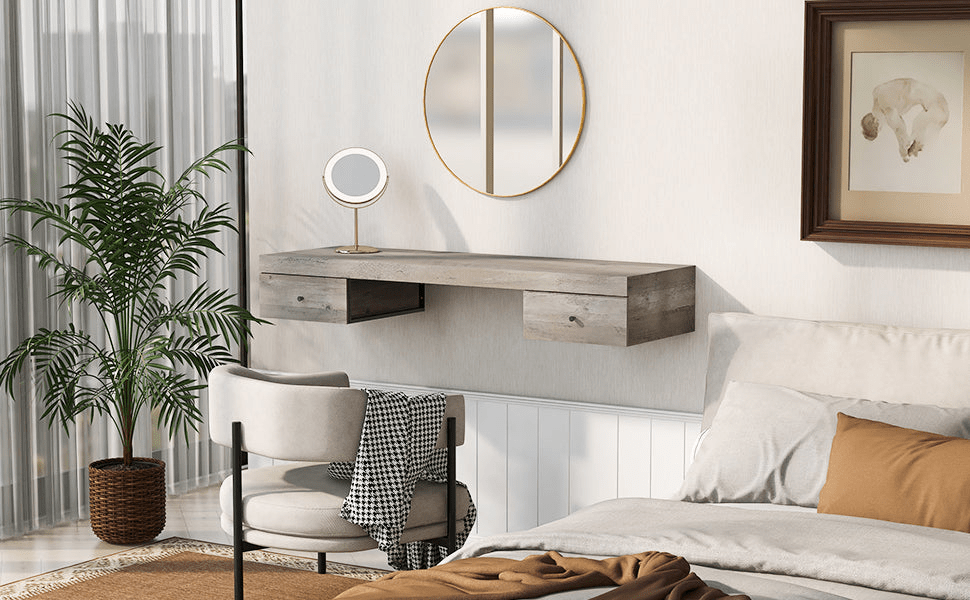 47.2" Wall - mounted Vanity Desk with Drawers - Floating Vanity Shelf | Gray Home Office Desk - CurtisJ Designs