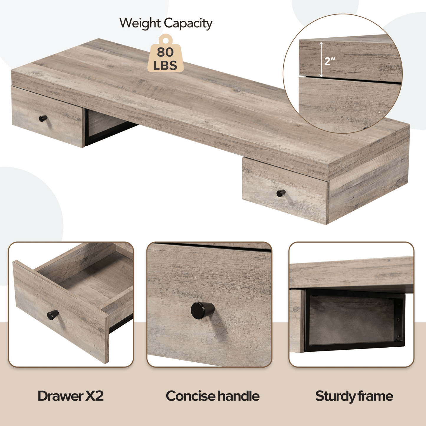 47.2" Wall - mounted Vanity Desk with Drawers - Floating Vanity Shelf | Gray Home Office Desk - CurtisJ Designs