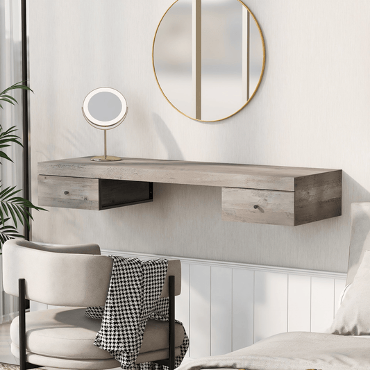 47.2" Wall - mounted Vanity Desk with Drawers - Floating Vanity Shelf | Gray Home Office Desk - CurtisJ Designs