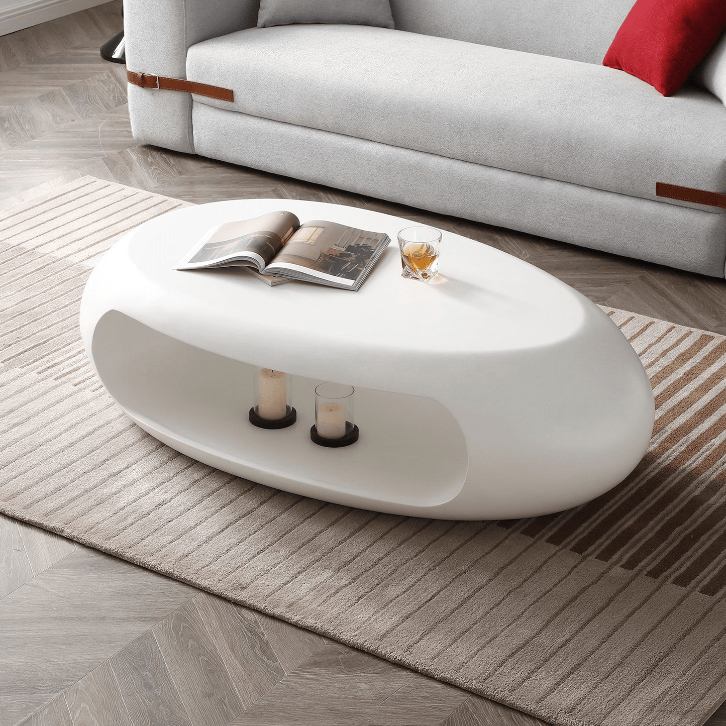 48.42'' Modern Oval Coffee Table – Elegant White Fiberglass Cocktail Table, No Assembly Required - CurtisJ Designs