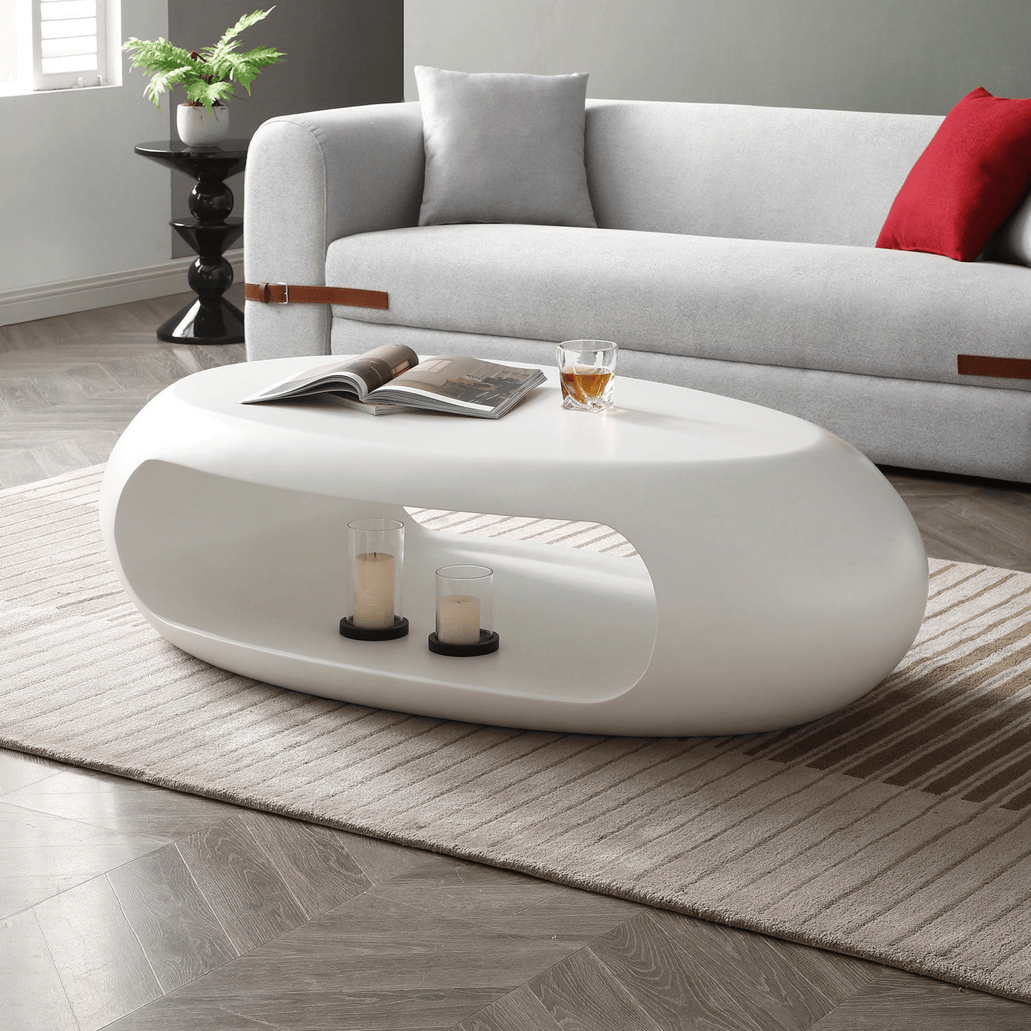 48.42'' Modern Oval Coffee Table – Elegant White Fiberglass Cocktail Table, No Assembly Required - CurtisJ Designs