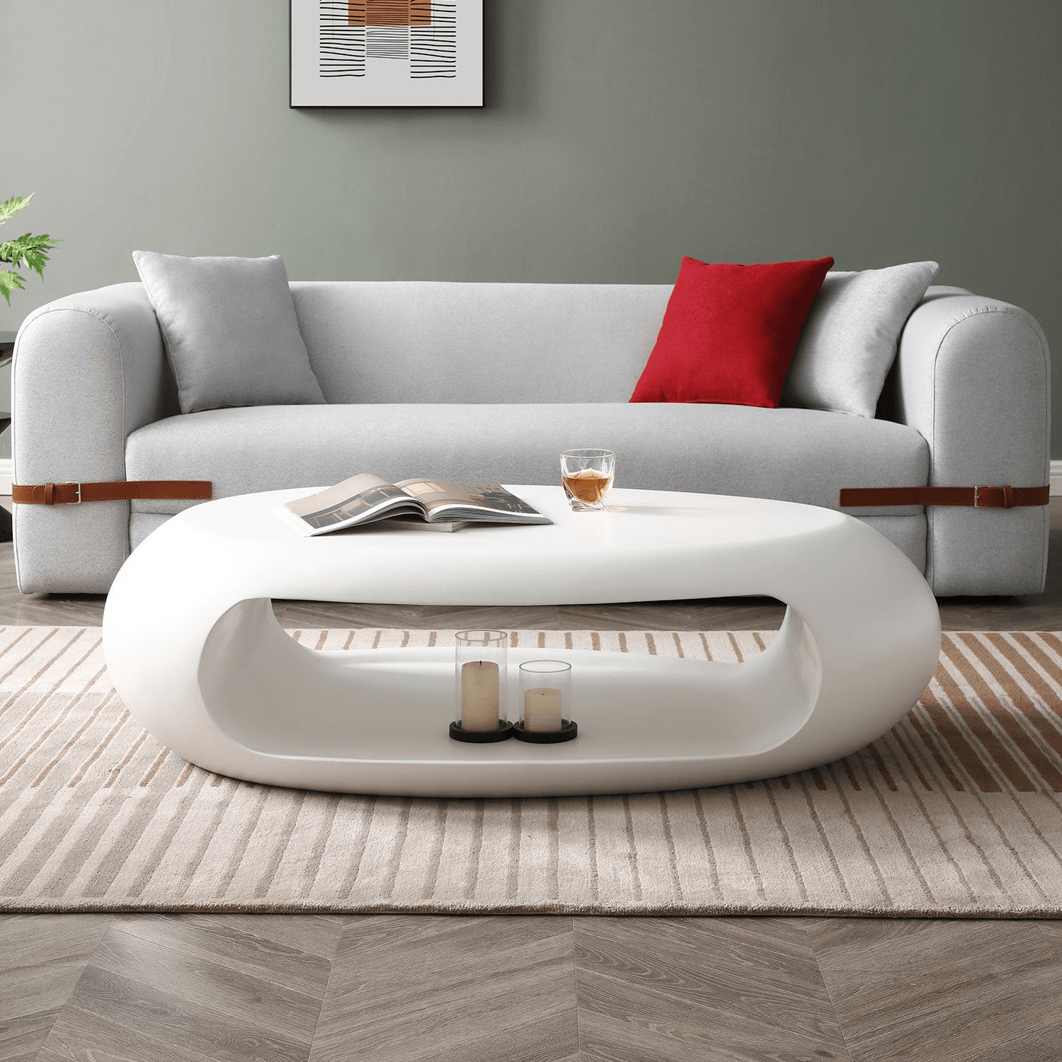 48.42'' Modern Oval Coffee Table – Elegant White Fiberglass Cocktail Table, No Assembly Required - CurtisJ Designs