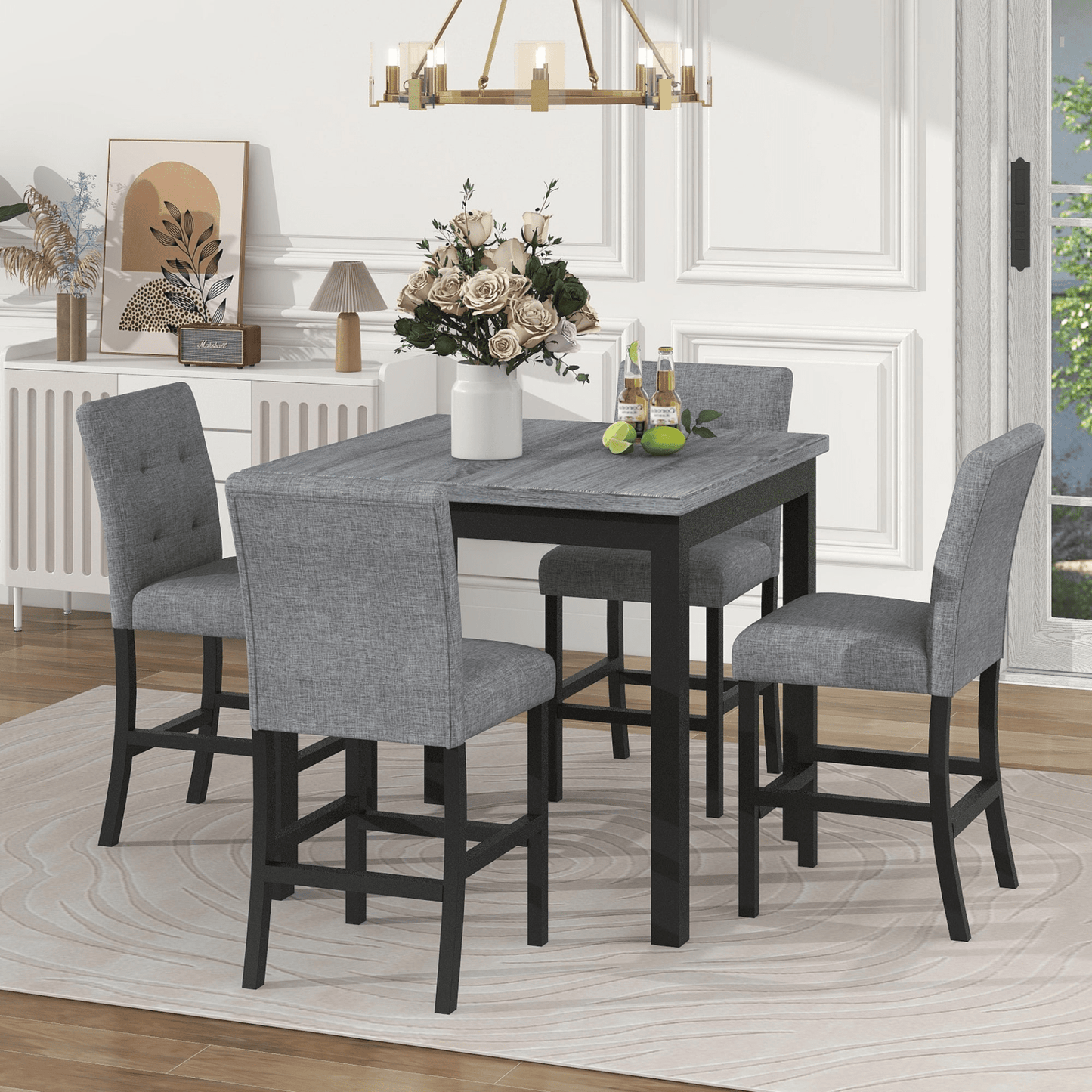 5 - Piece Counter Height Dining Set - Wood Square Table & Chairs Stools with Footrest & Upholstered High - Back Seats, Black - CurtisJ Designs